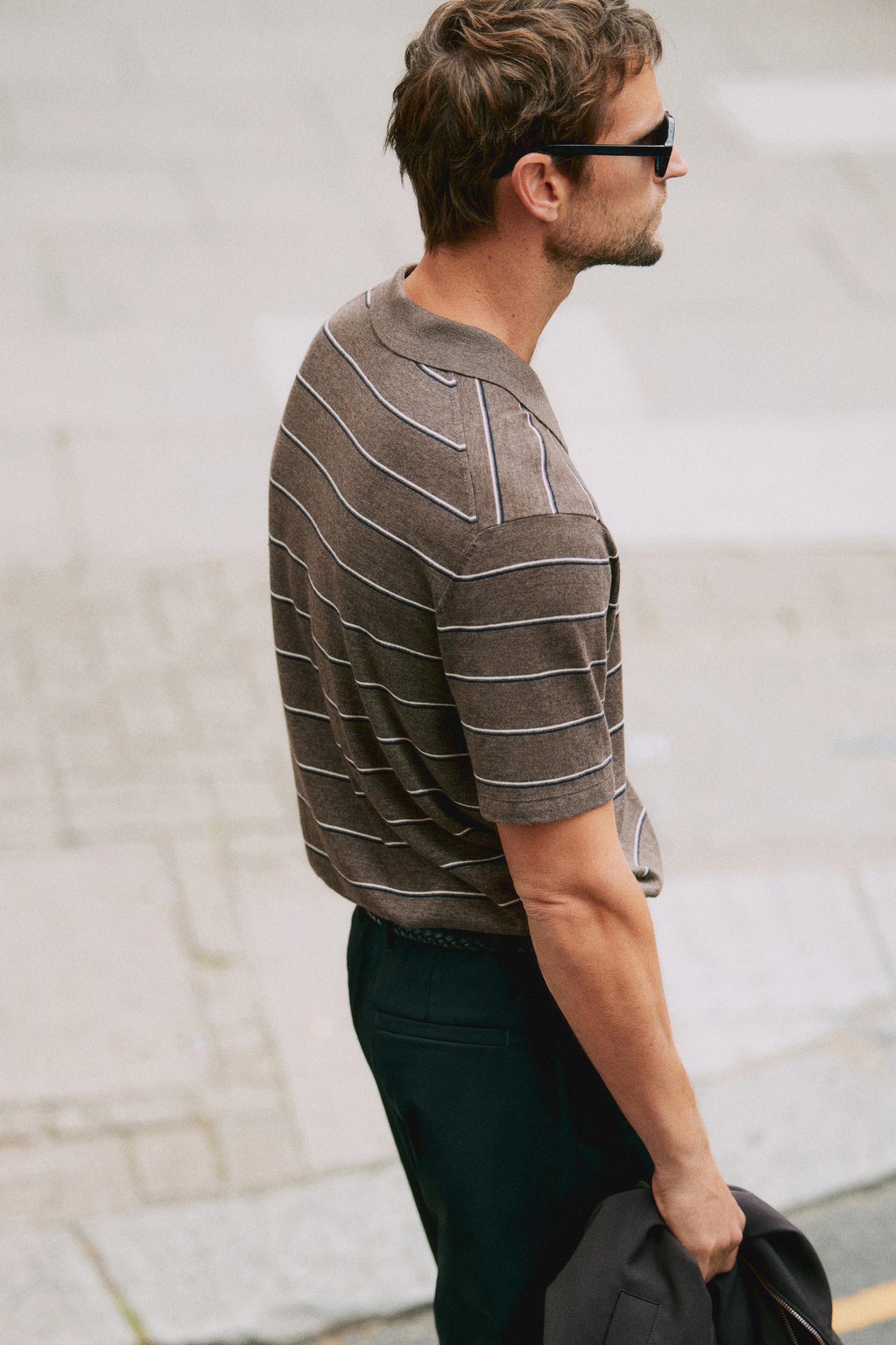 Striped knit V-neck polo shirt — CAREY