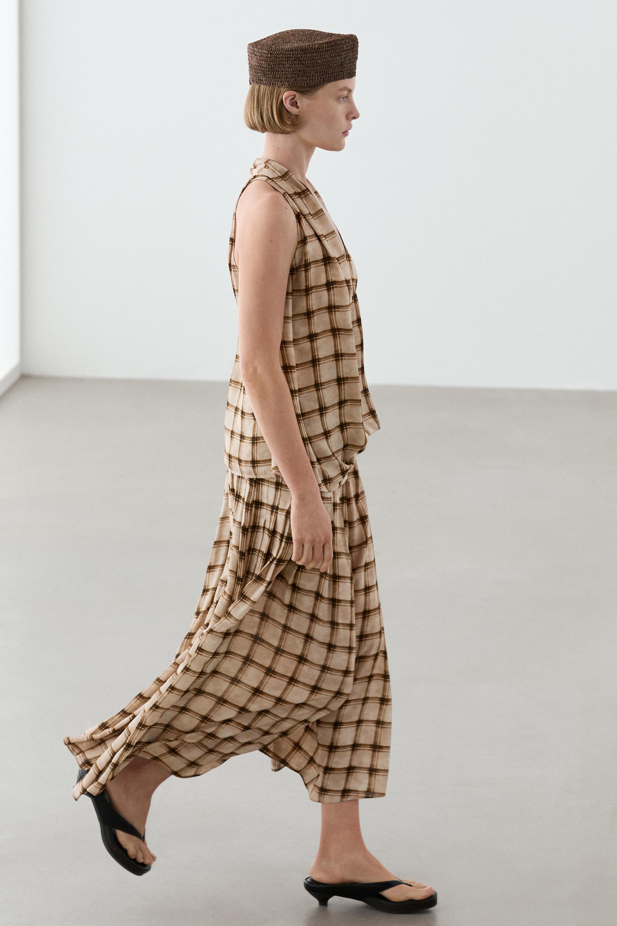 Flowing check midi skirt co-ord — PALE MINK