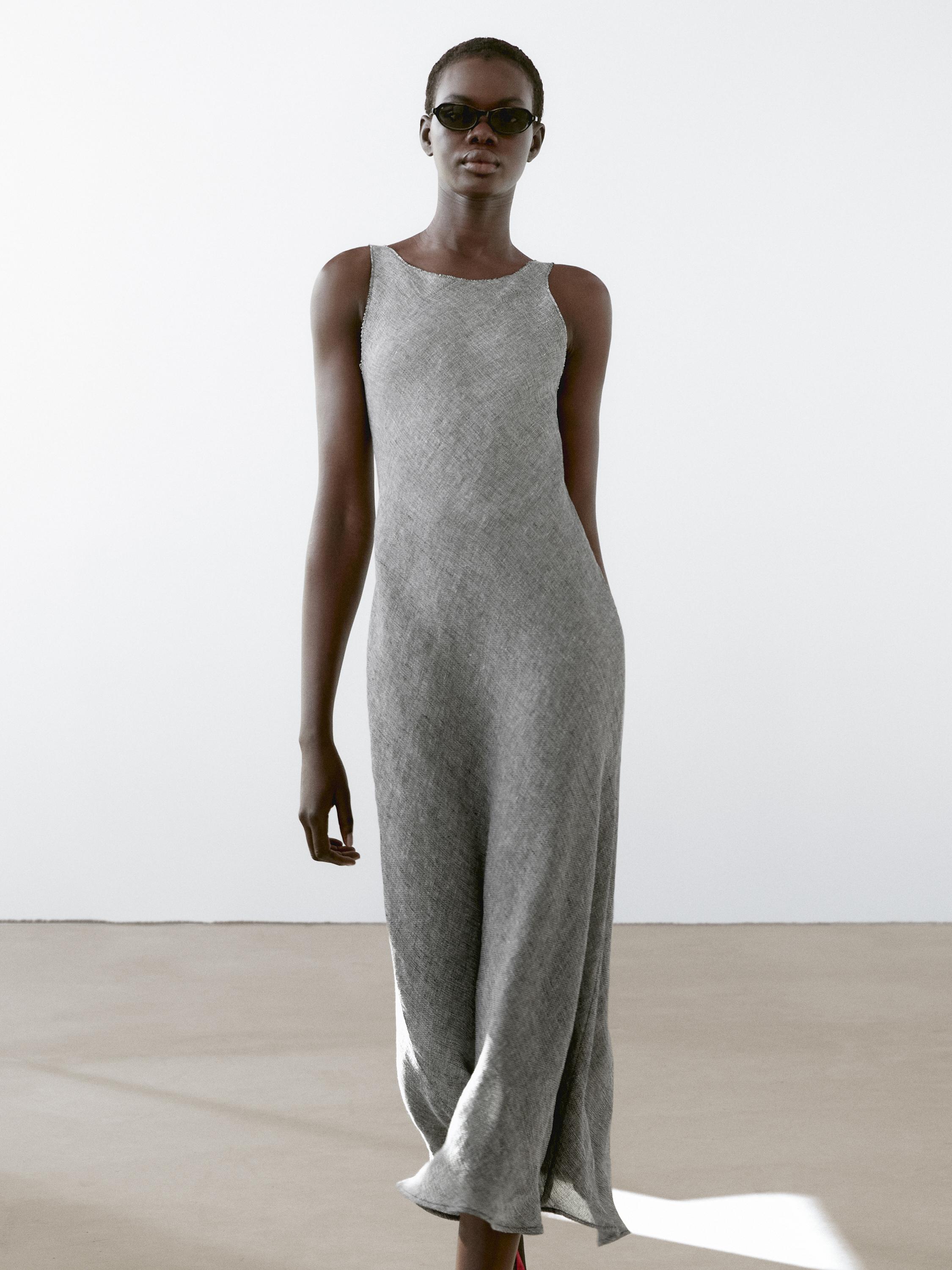 فستان متوسط الطول كتان 100%