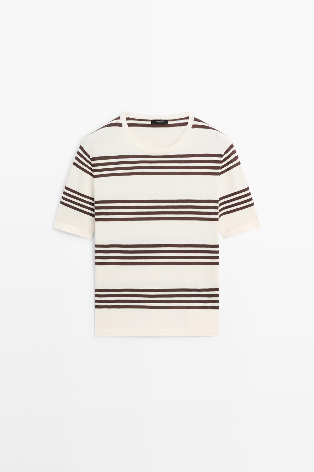 Striped short sleeve knit sweater — BROWN