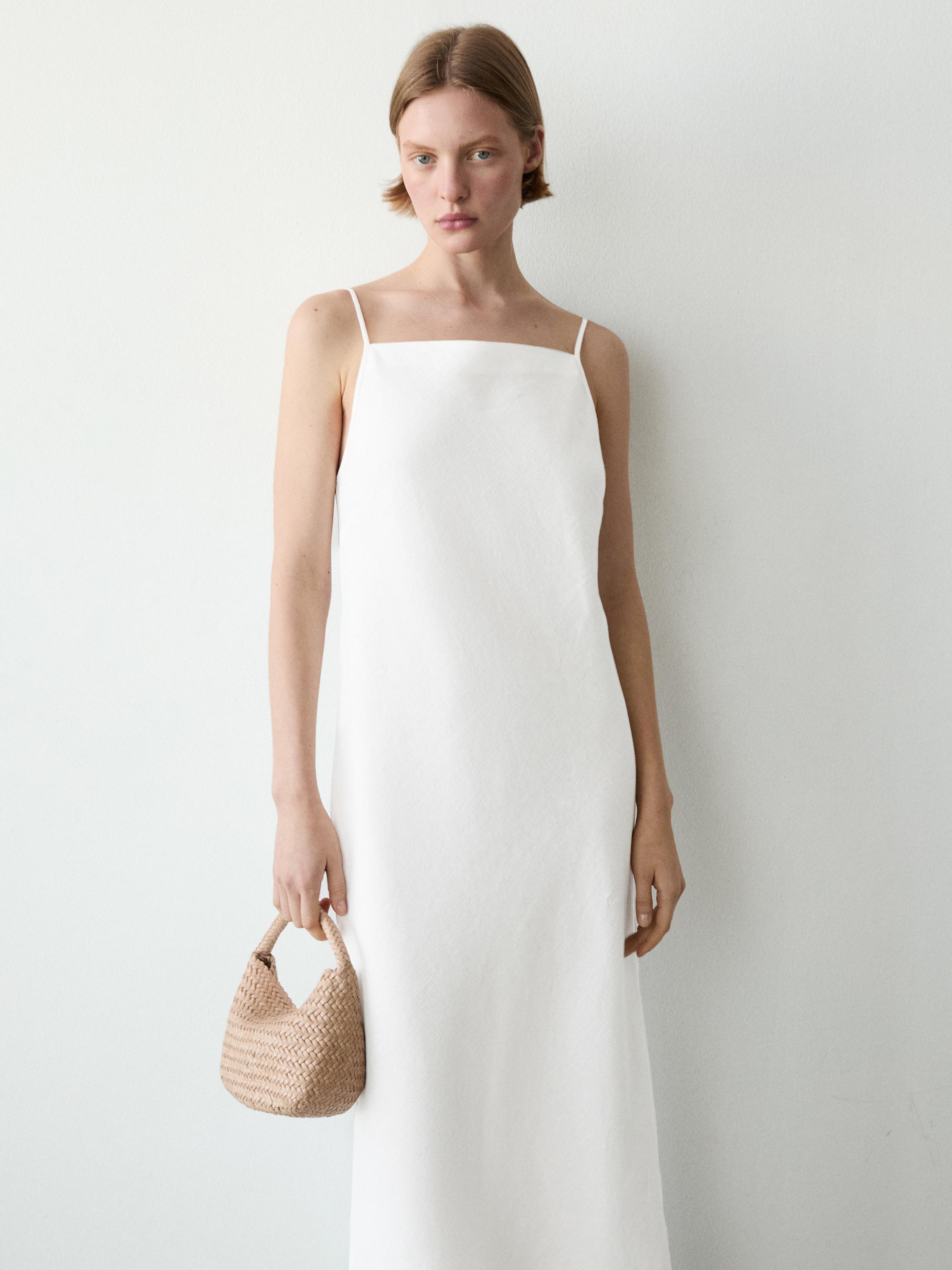 100% linen midi dress with straight neckline — WHITE