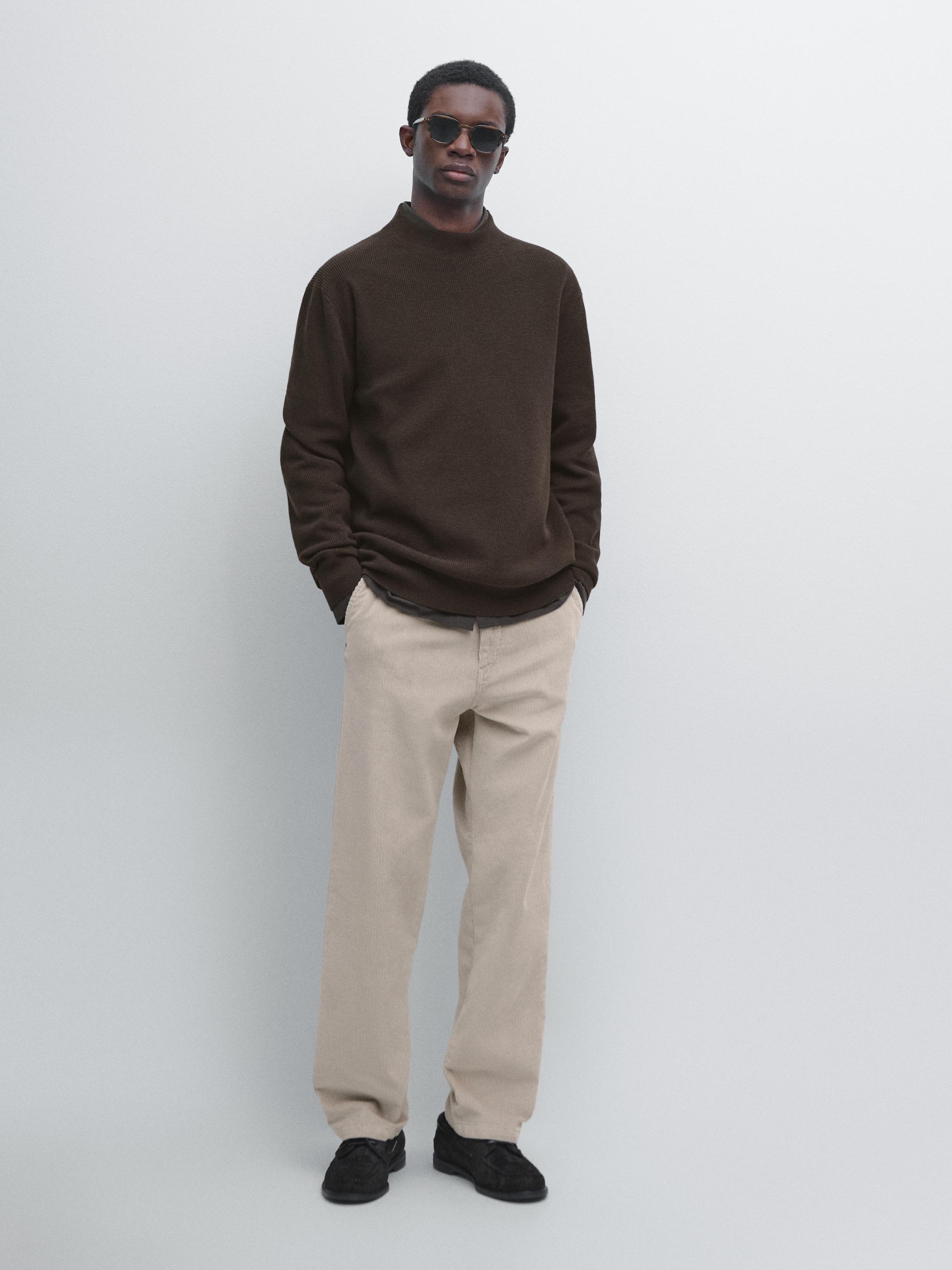 Cotton blend knit sweater with mock turtleneck — BROWN MARL