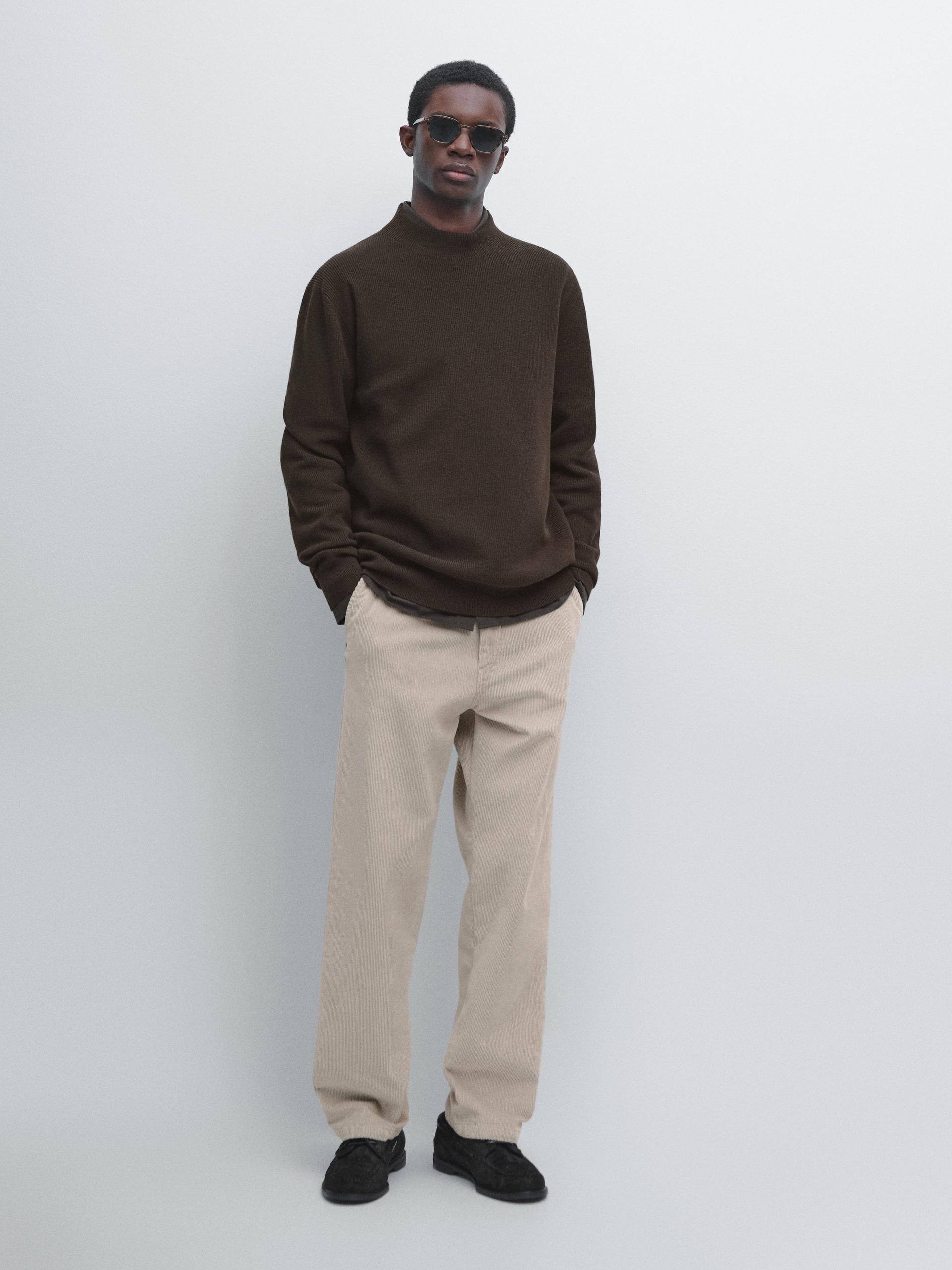 Camisola De Malha Gola Perkins Mistura De Algodão - Castanho Mesclado - M - Massimo Dutti - Homem