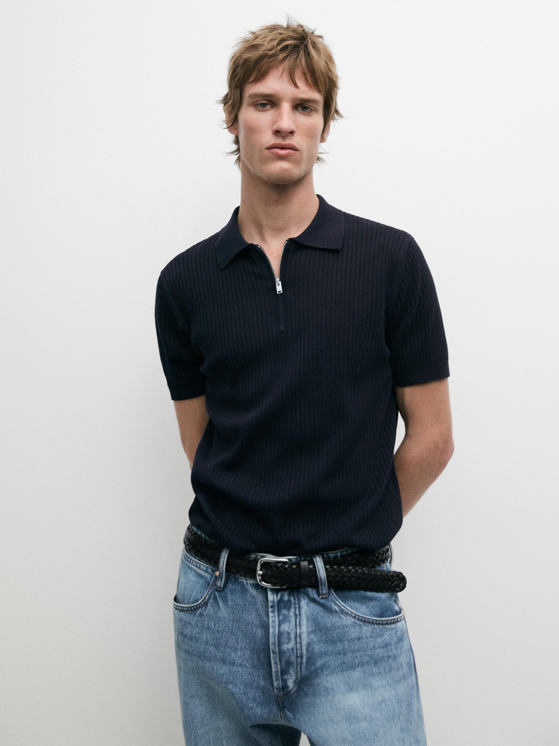Quarter-zip knit polo sweater — NAVY BLUE