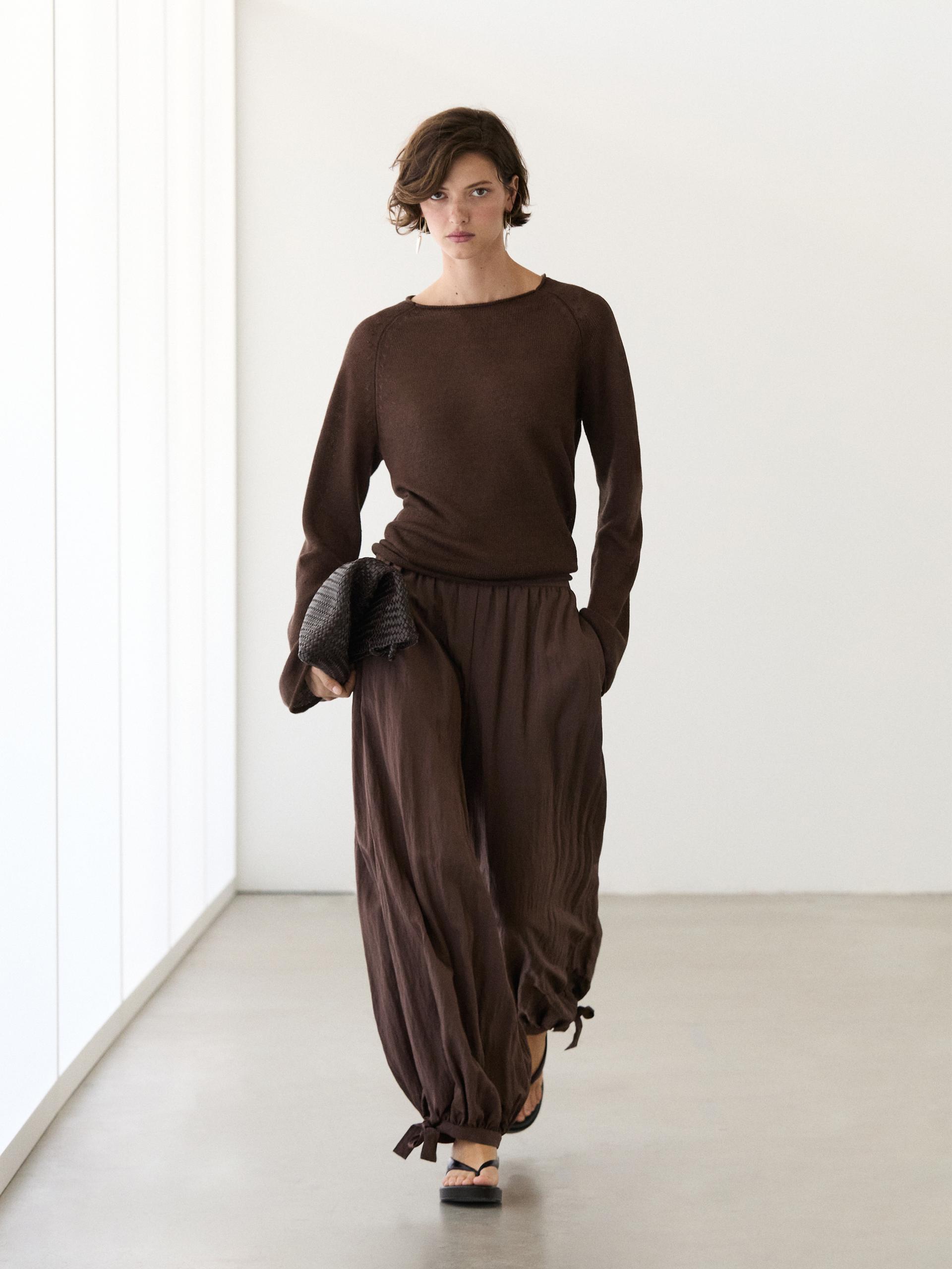 Pull En Maille Col Rond En Lin - Chocolat - L - Massimo Dutti - Femme