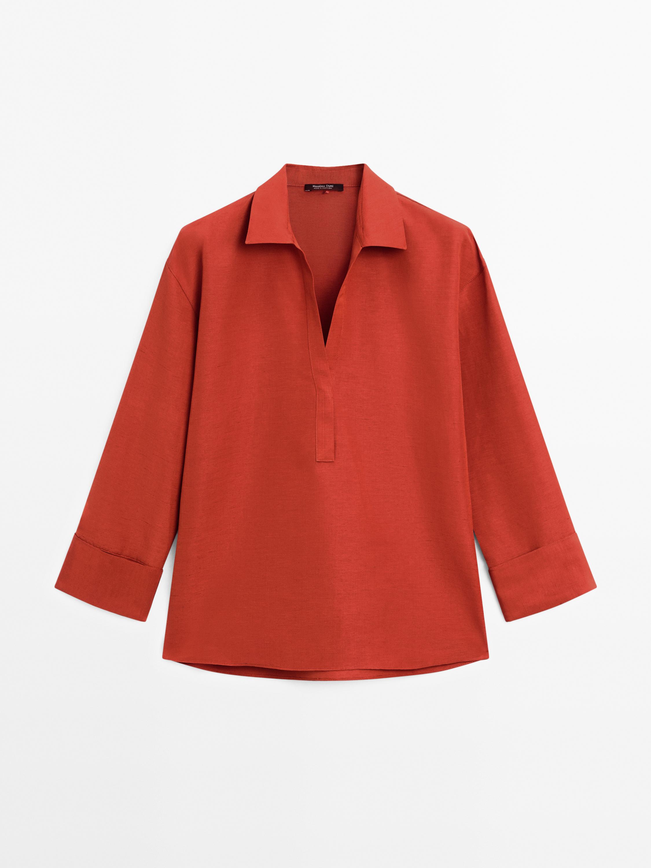 Linen blend blouse with polo collar