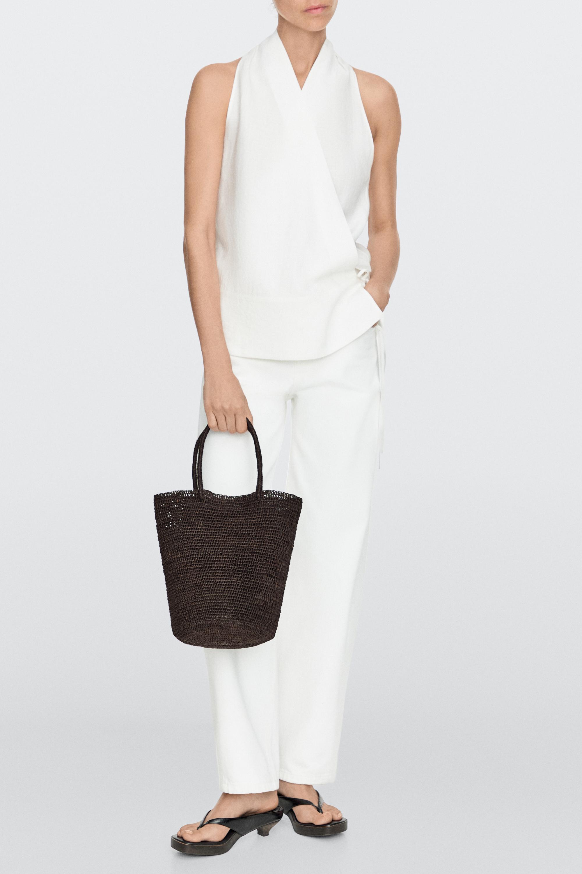 Mini raffia bucket bag — BROWN