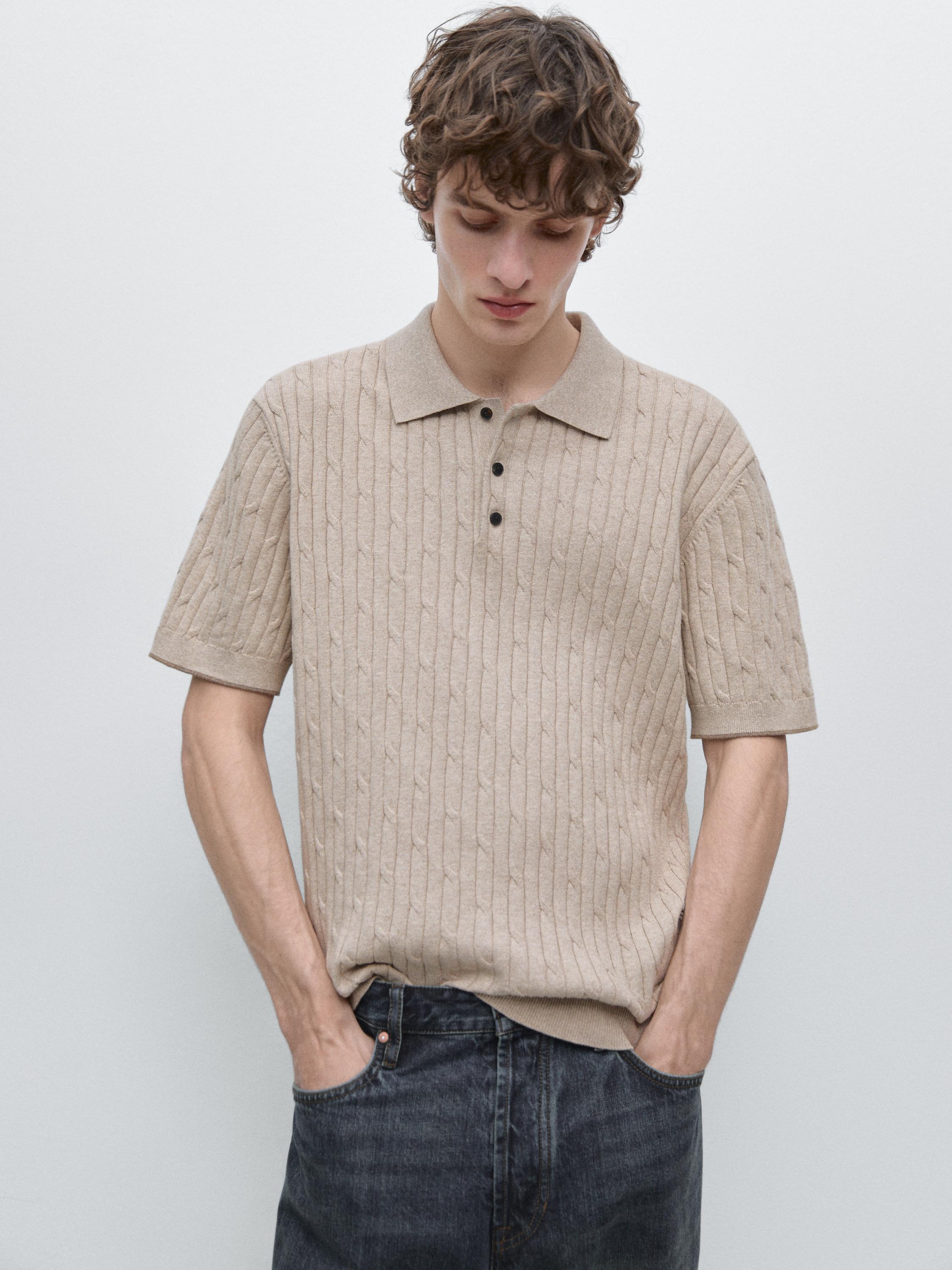 Cotton blend cable-knit polo sweater — BEIGE
