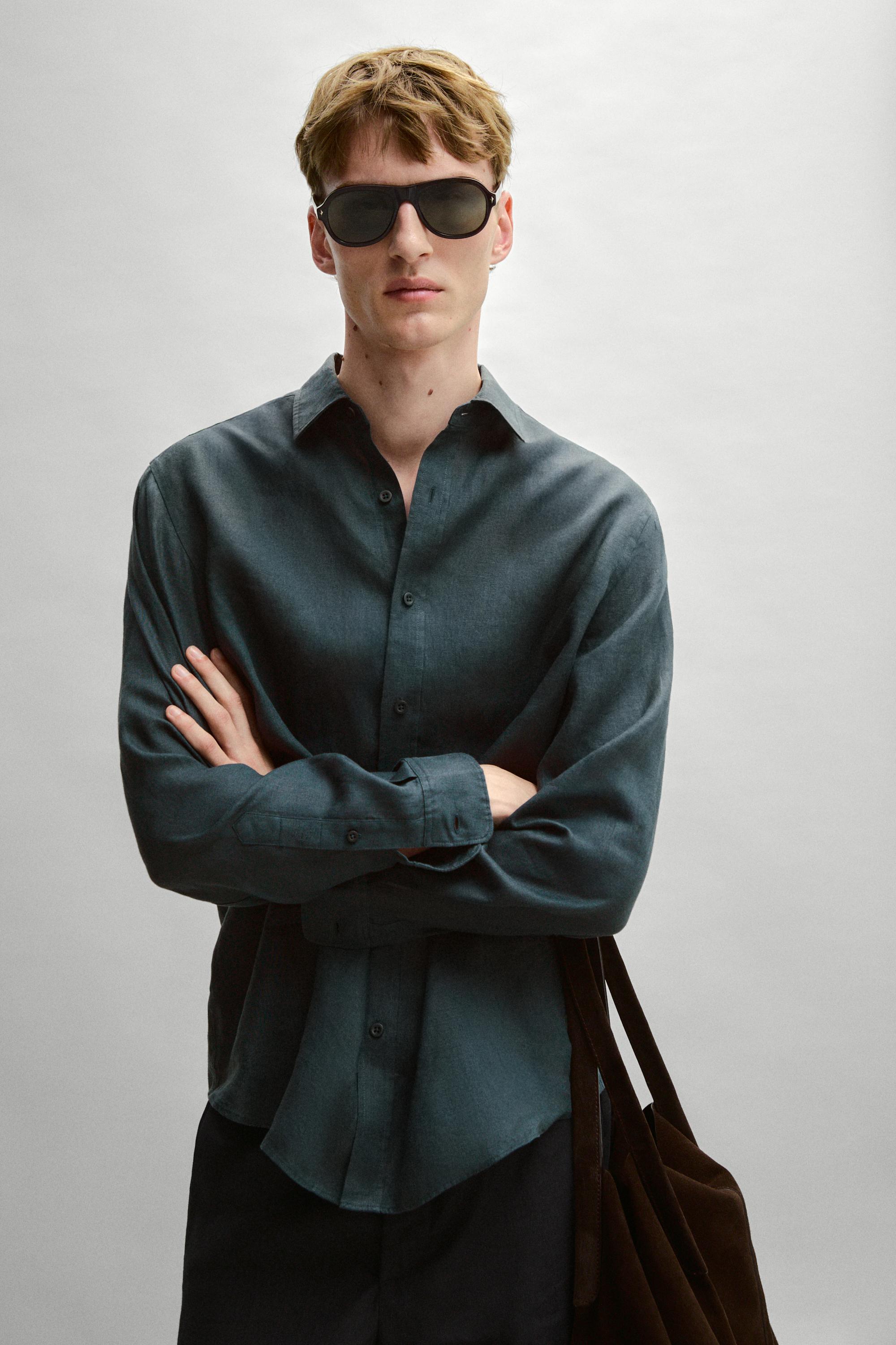 Slim fit 100% linen shirt — Misty blue