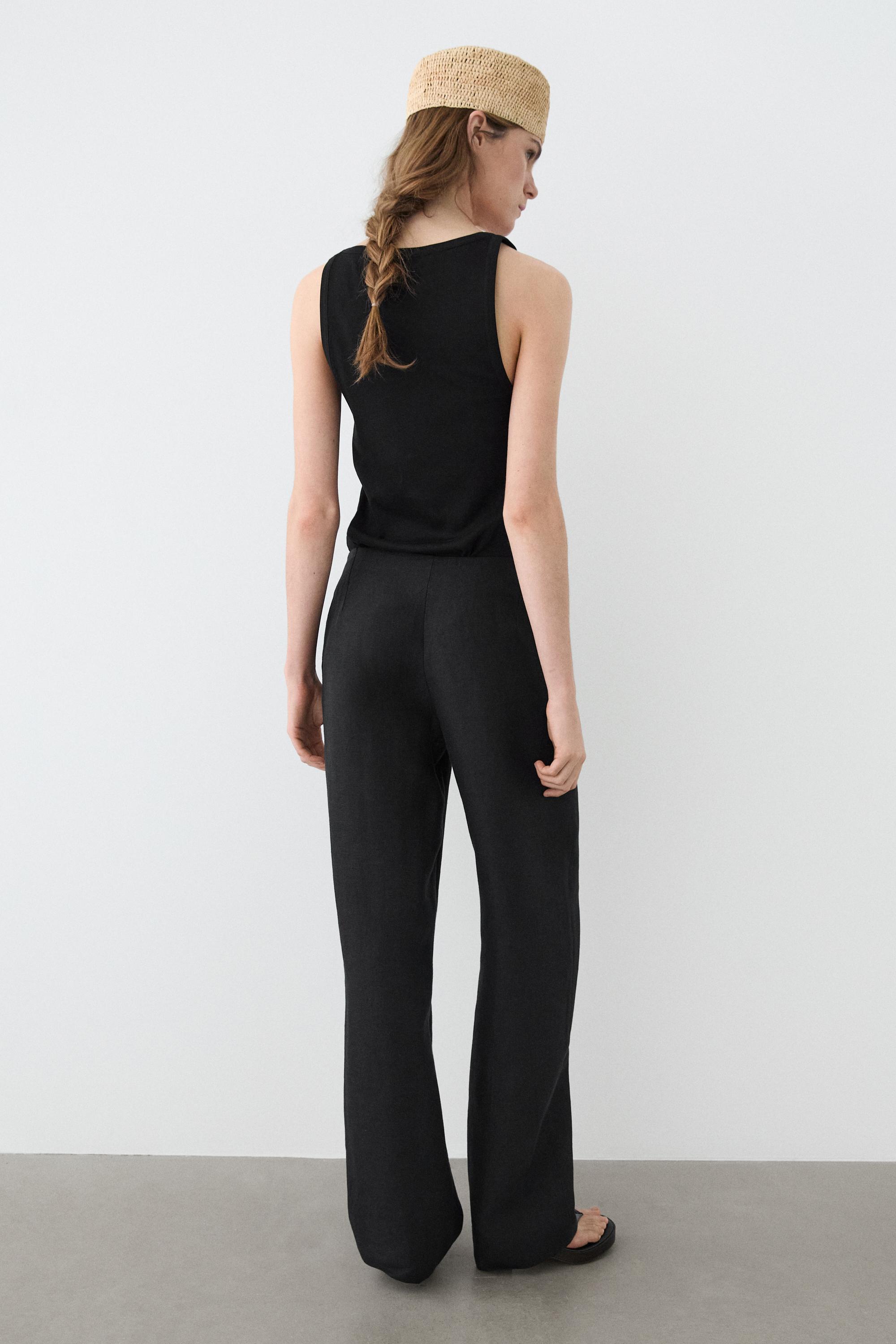 Flowing straight-leg linen trousers — BLACK