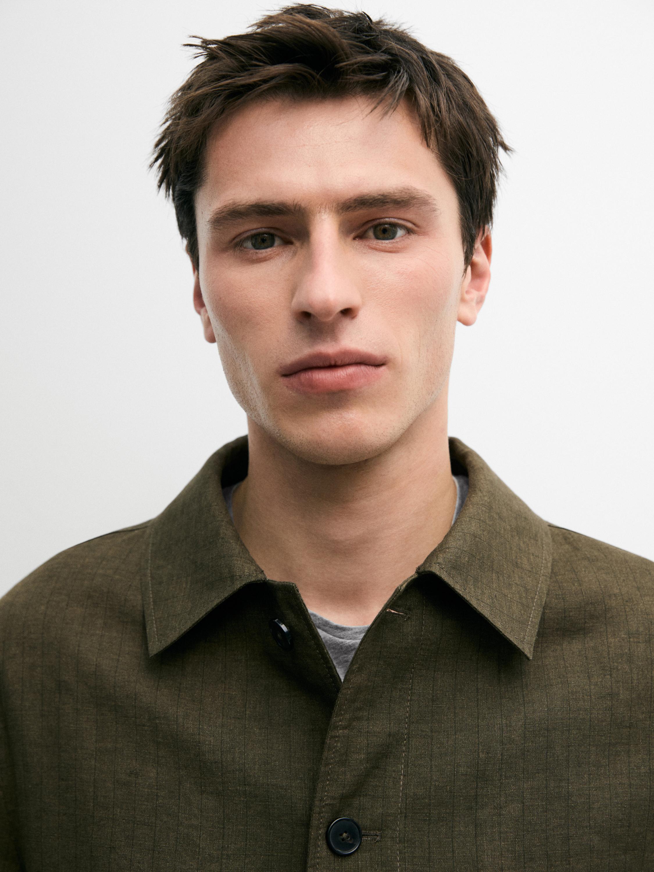 100% linen overshirt with pockets and striped detail — GREEN