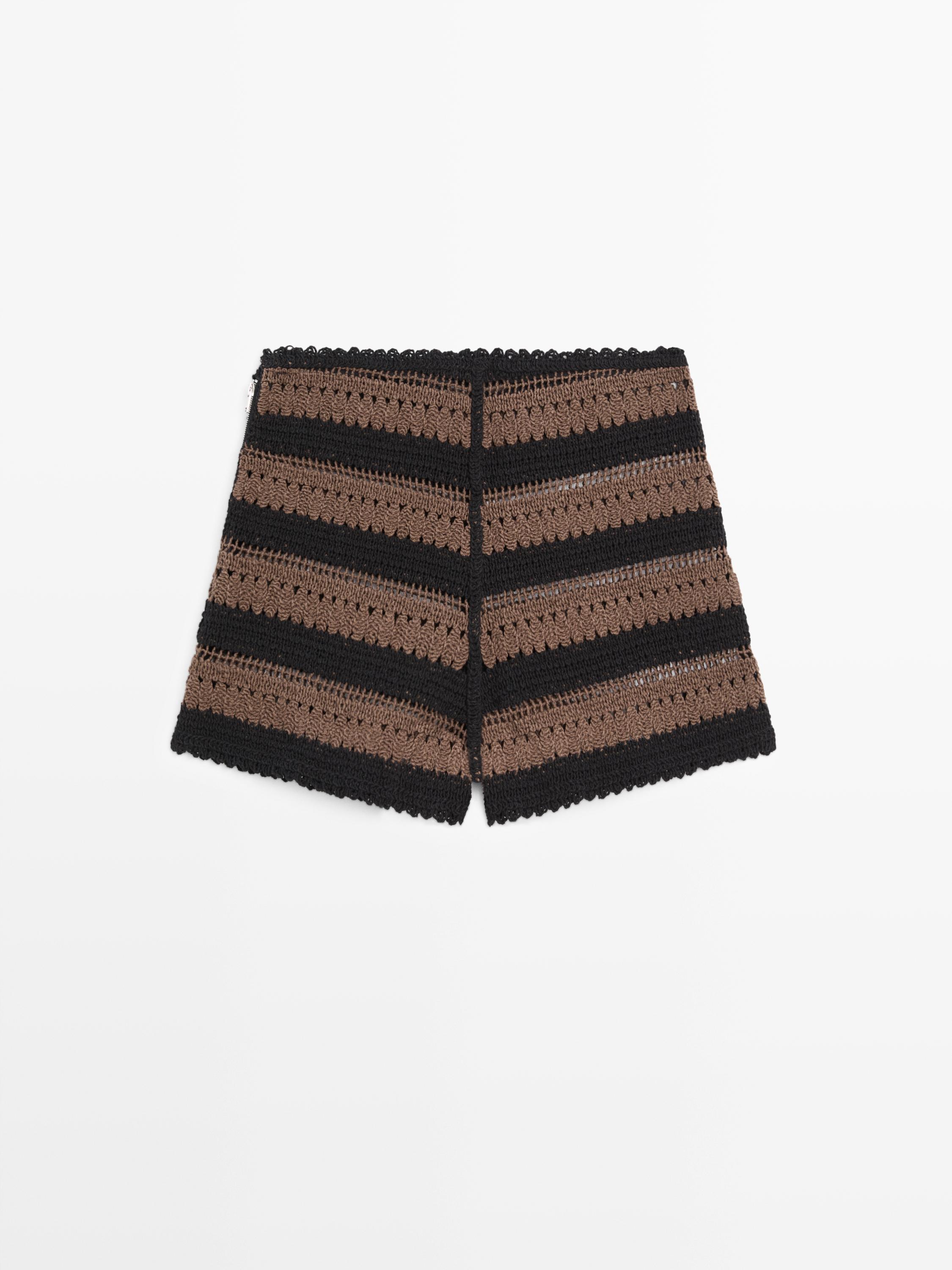 Striped cotton crochet shorts — BROWN