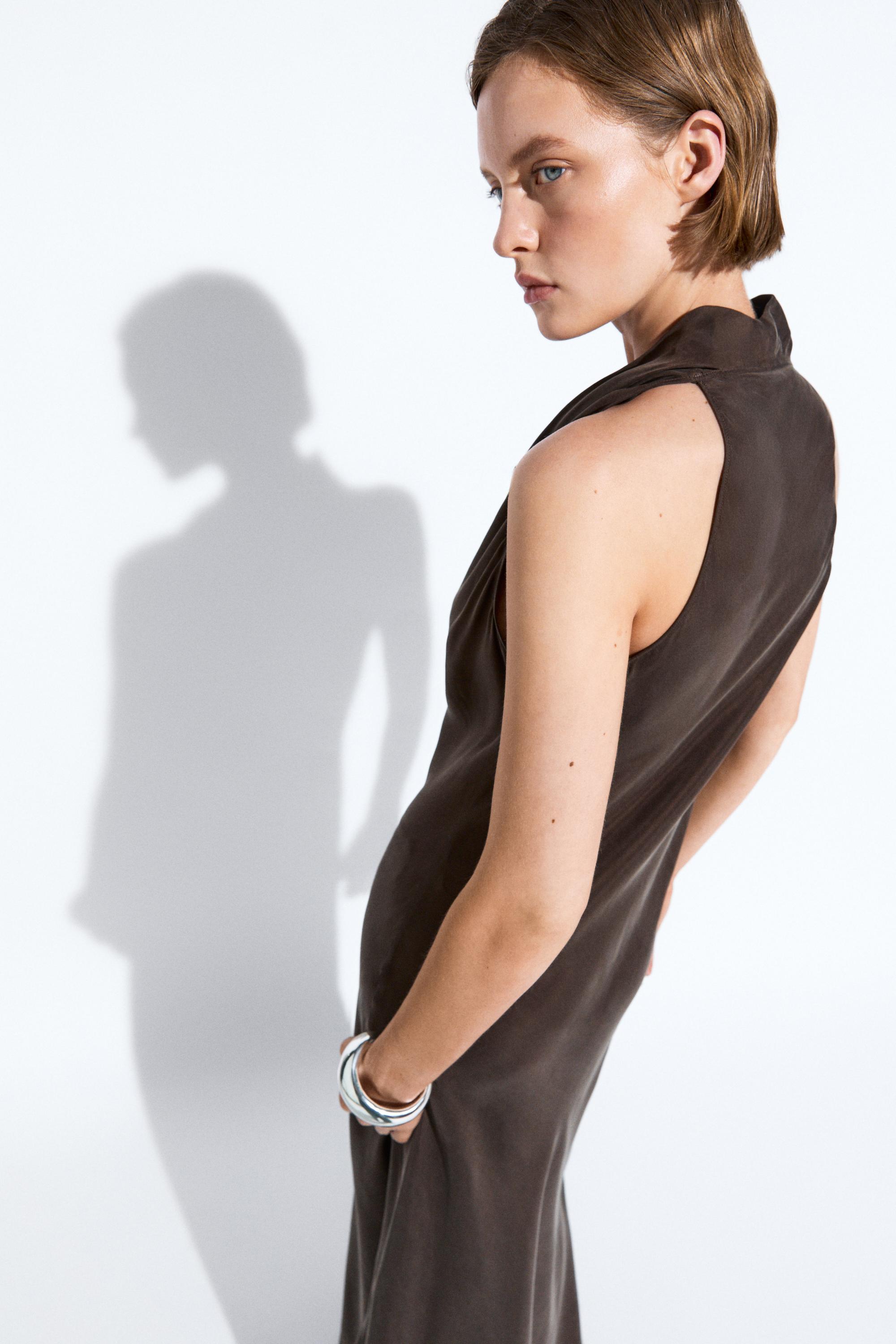 Draped neckline long dress — BROWN