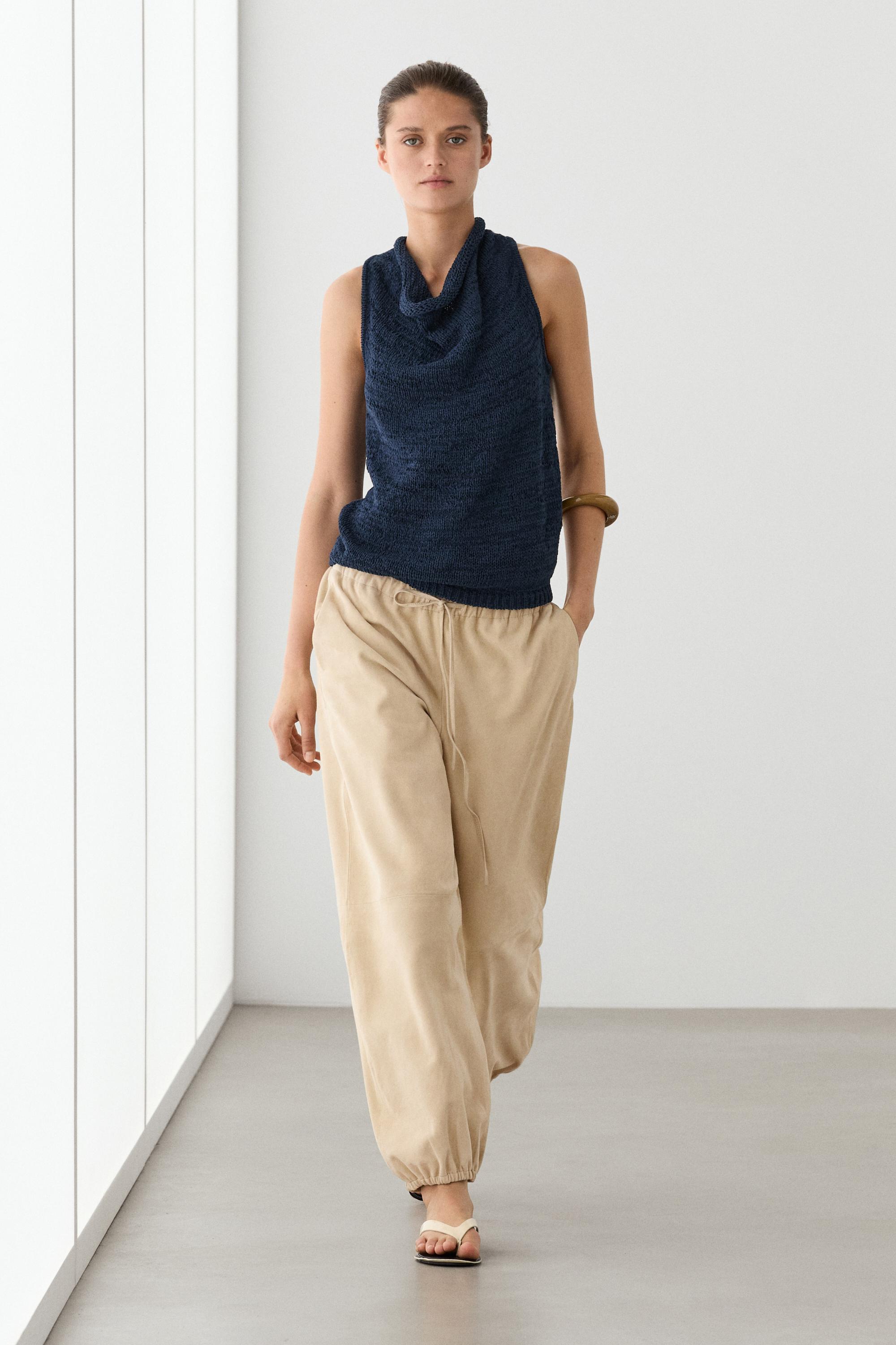 Knit top with draped neckline — Dark Blue