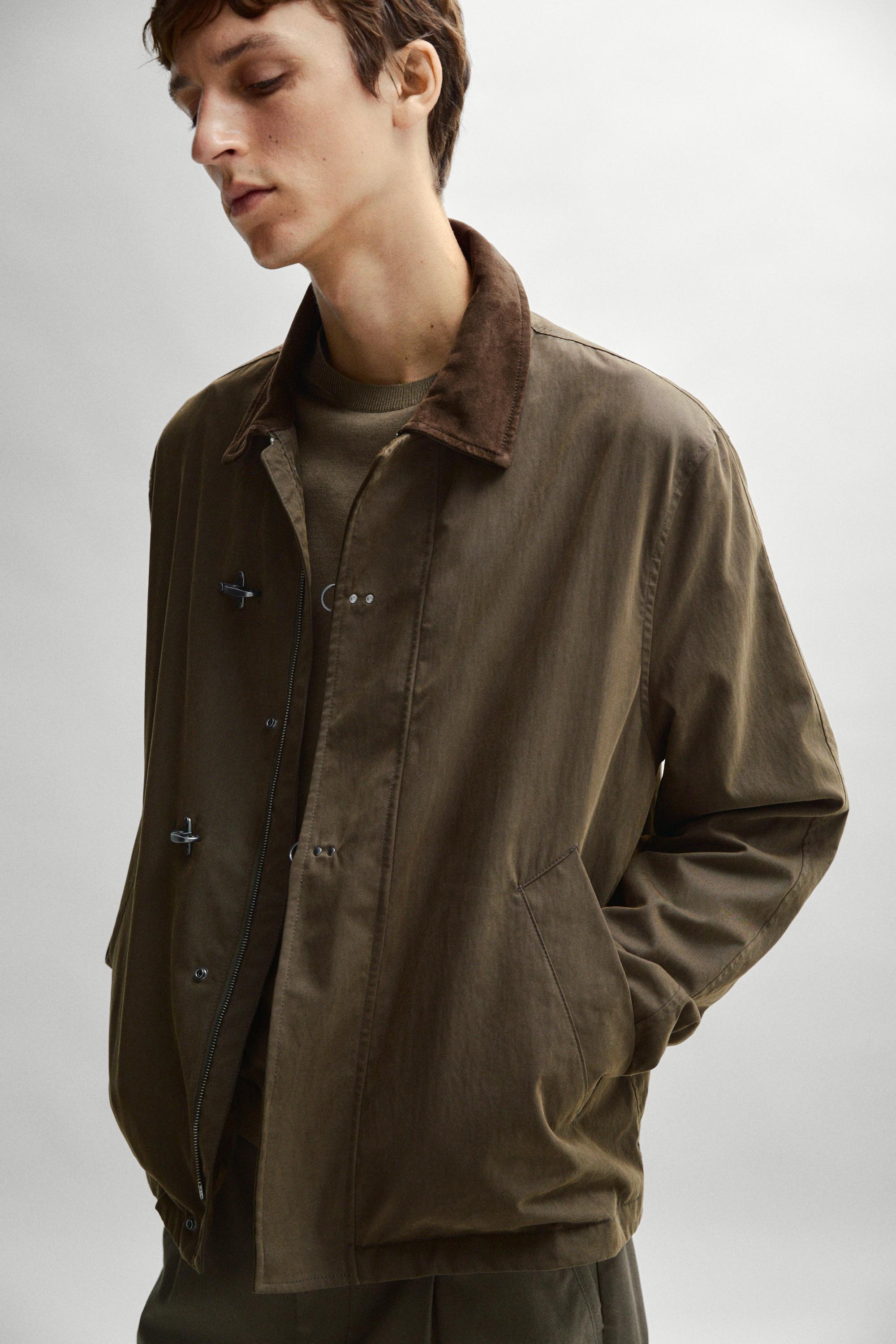 Jacket with leather collar detail — DARK KHAKI