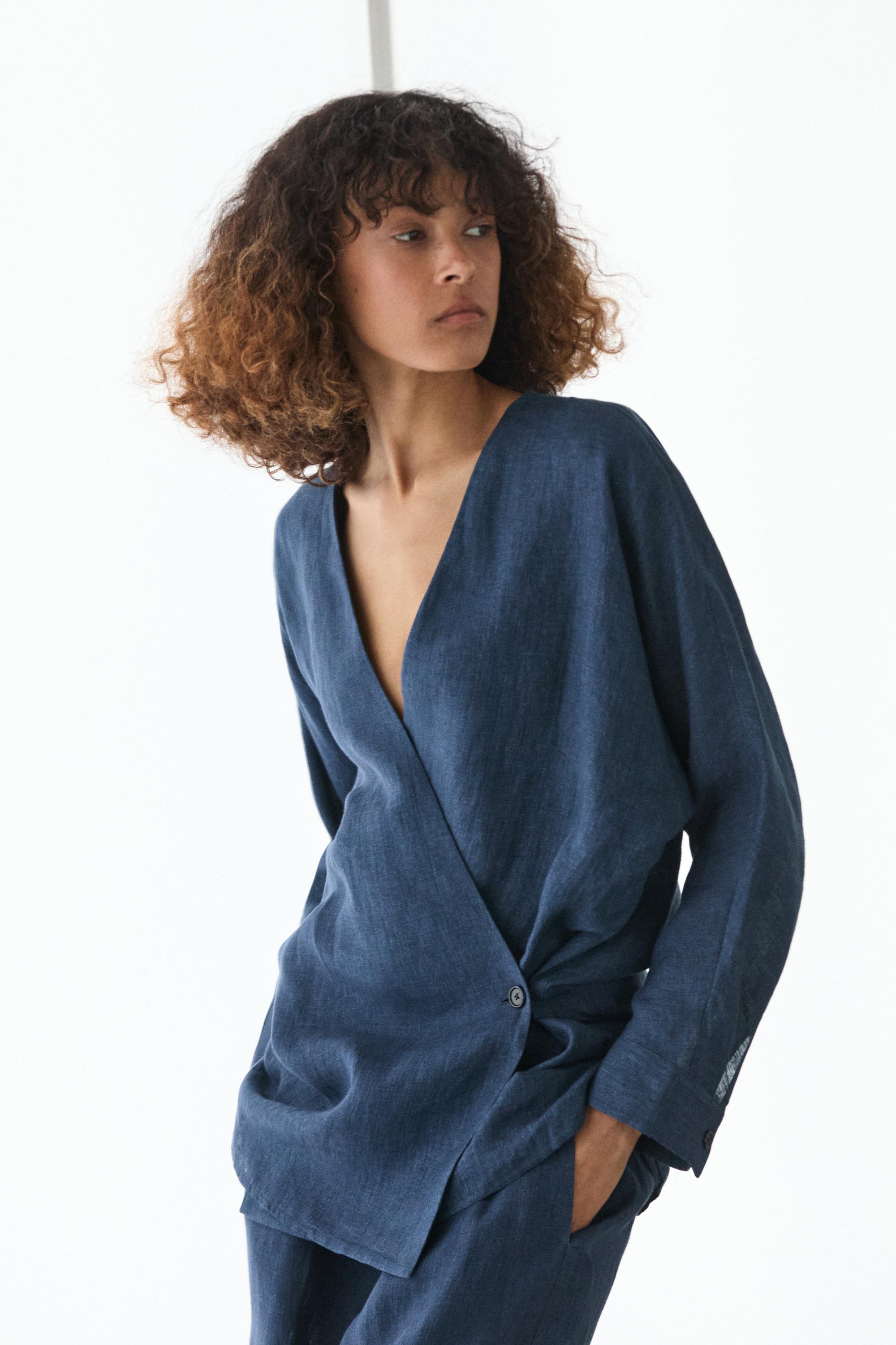 Linen total look denim-effect kimono — BLUE