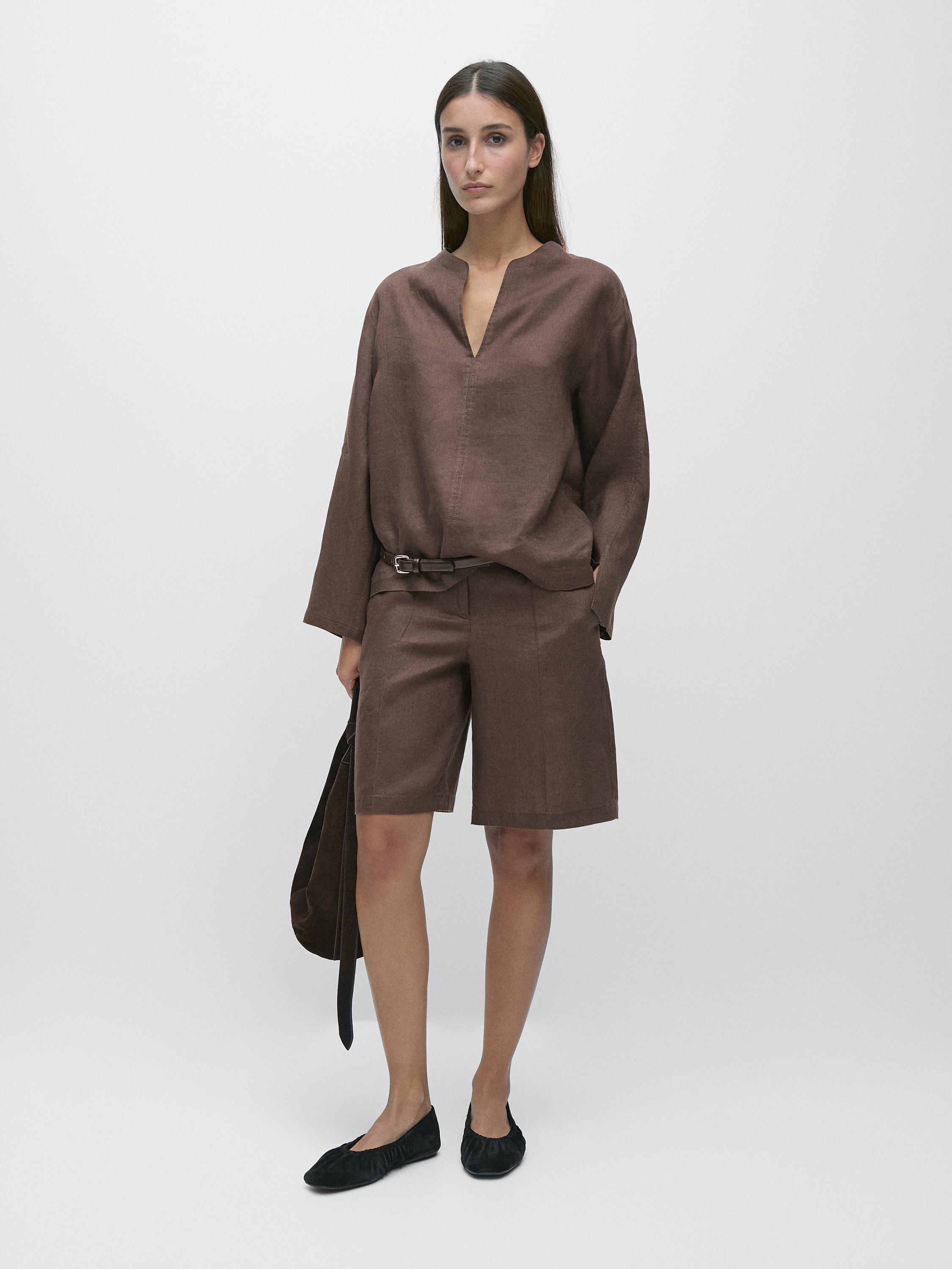 Blouse with topstitching detail, 100% linen