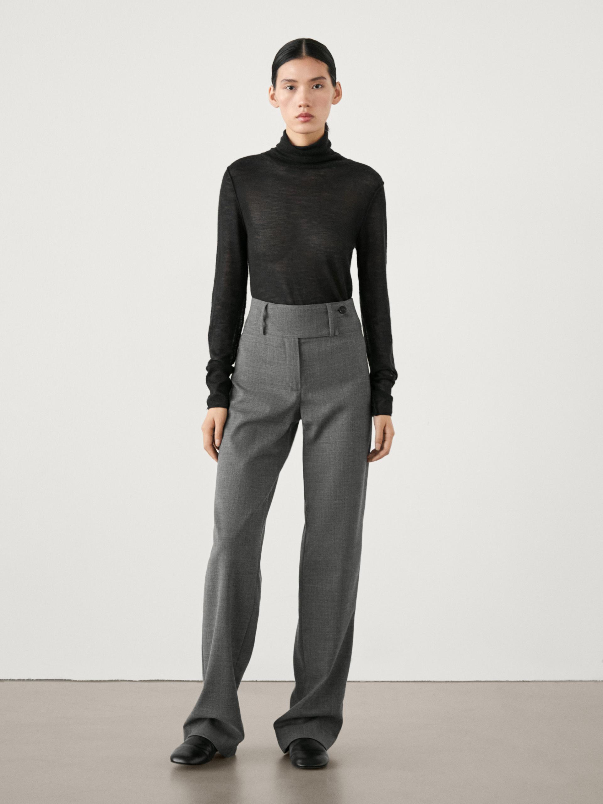 Pantalón Stright Cinturilla Ancha - Gris - 42 - Massimo Dutti - Mujer