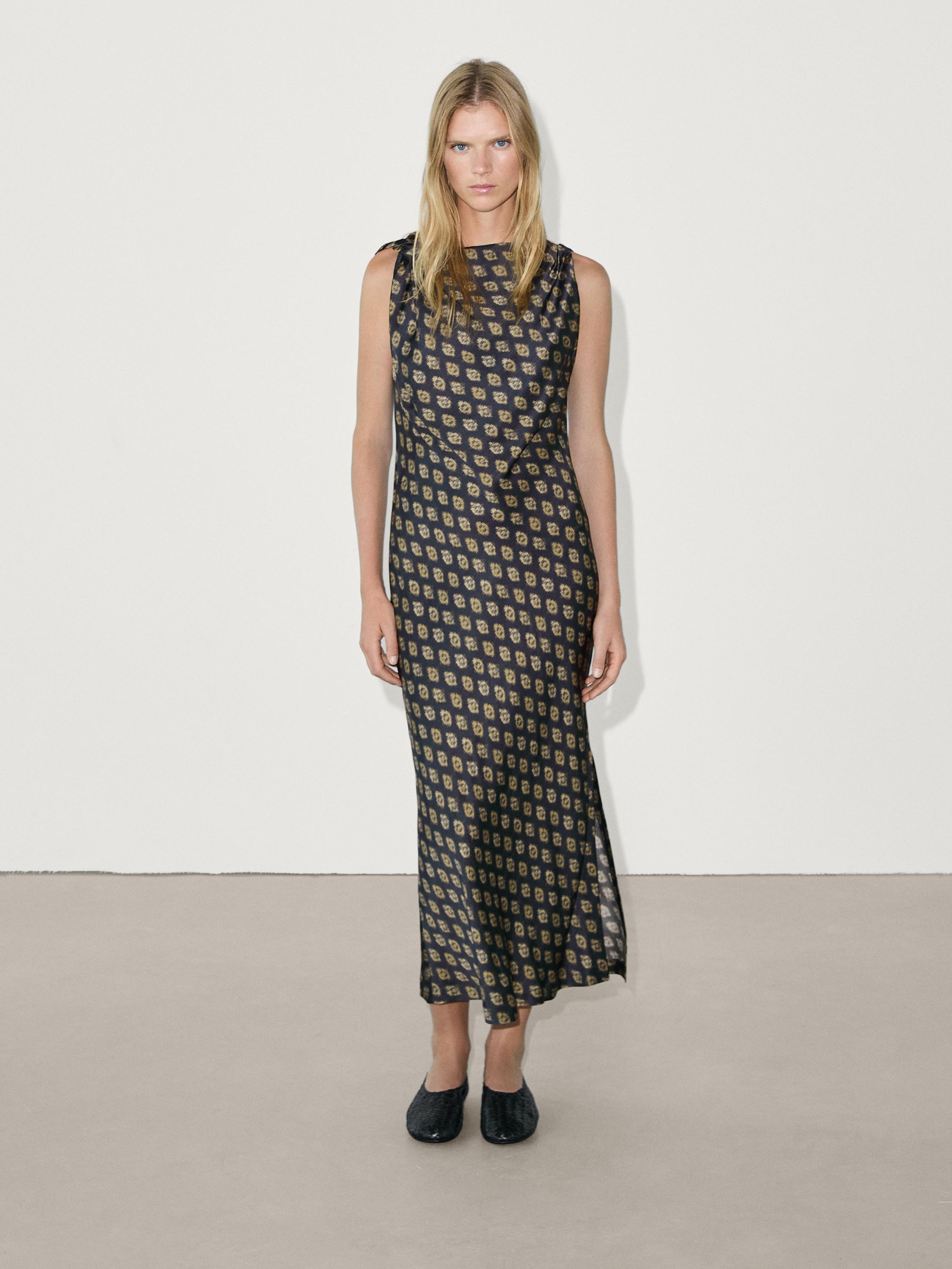 Printed satin midi dress Dark Navy Smart Dresses And Jumpsuits Massimo Dutti