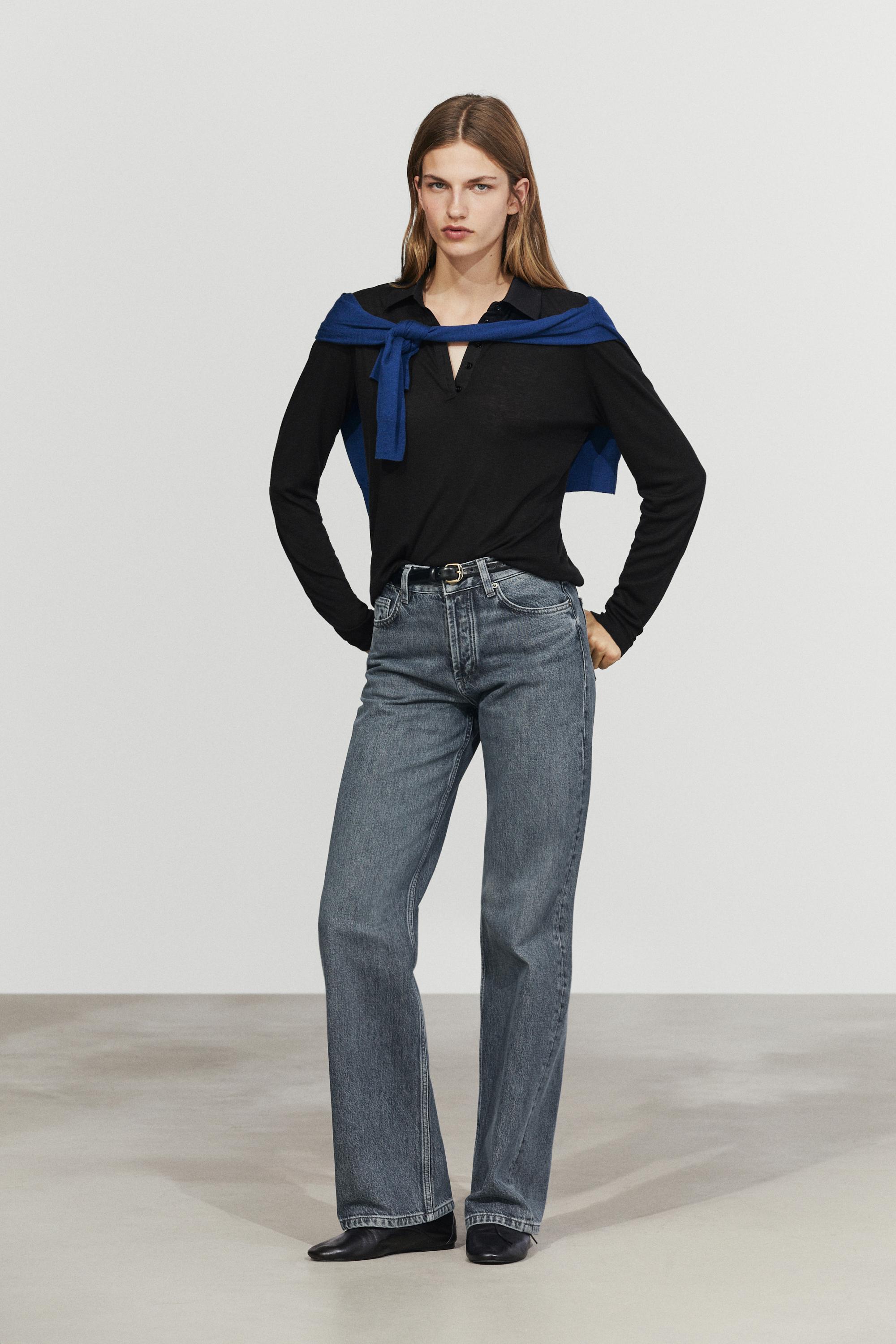 Long sleeve wool polo shirt - BLACK