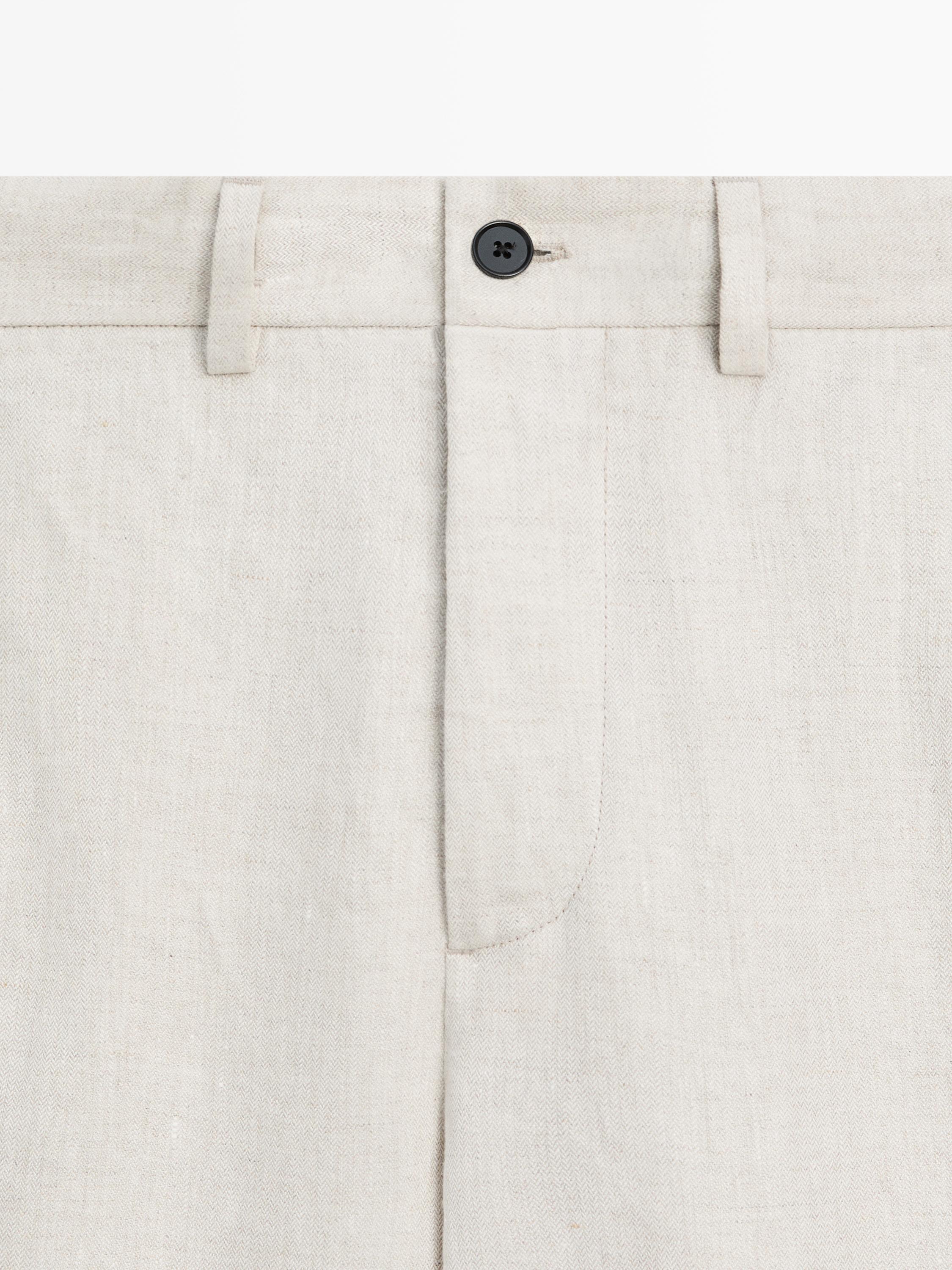 Lightweight linen trousers with herringbone detail — BEIGE