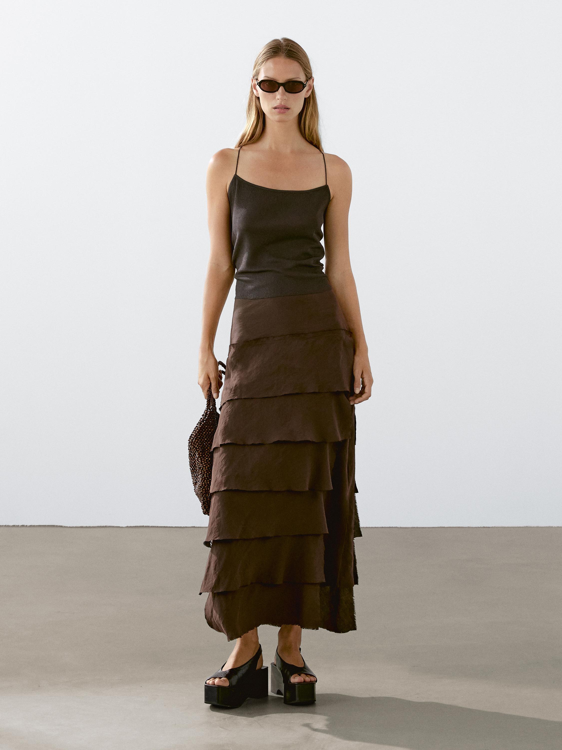 ★ Massimo Dutti★ Long fluid skirt with frill detail 05226 Massimo Dutti LONG FLOWING WITH RUFFLES - Maxi skirt - green