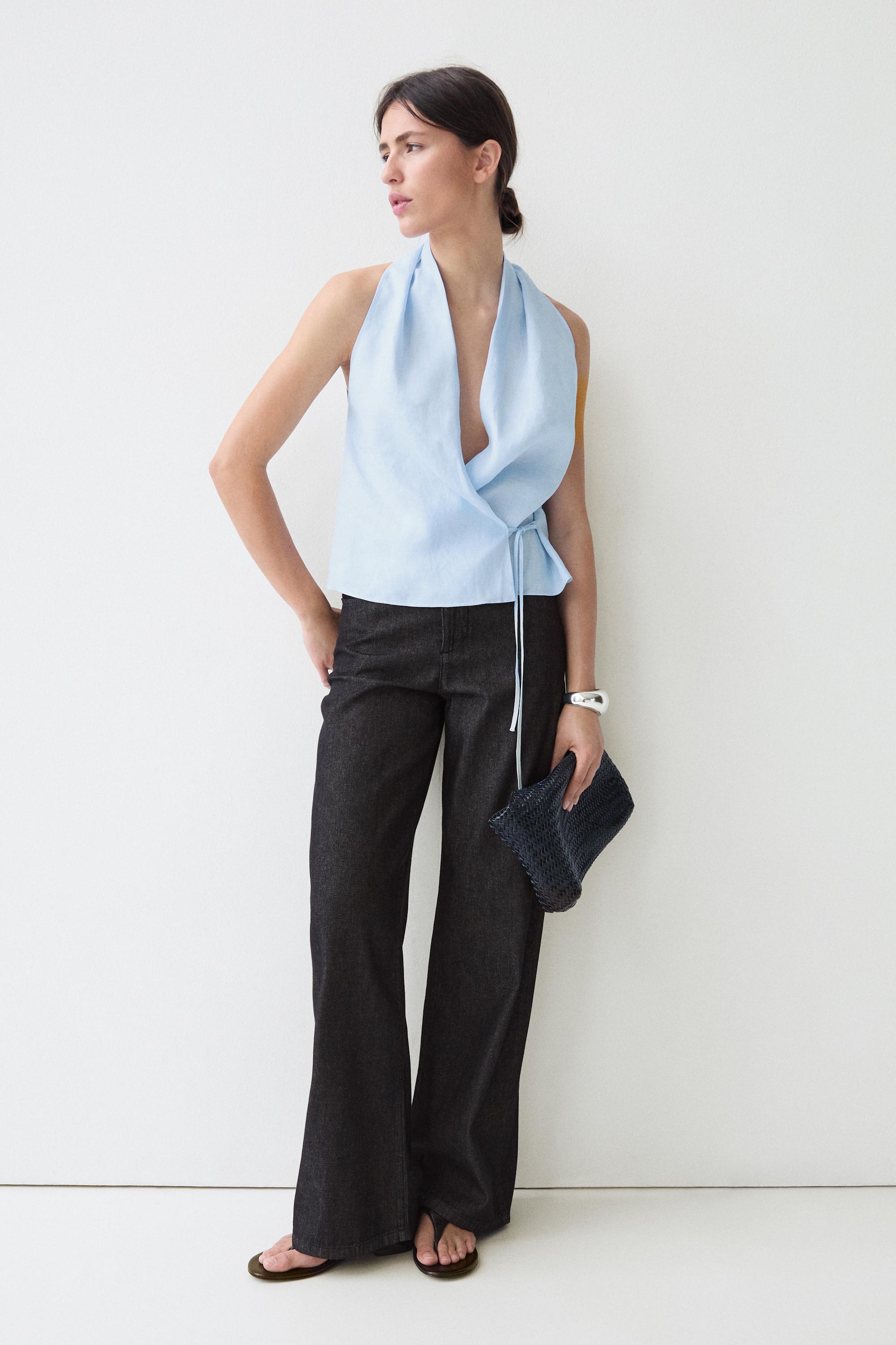 100% linen halter top with tie detail — SKY BLUE