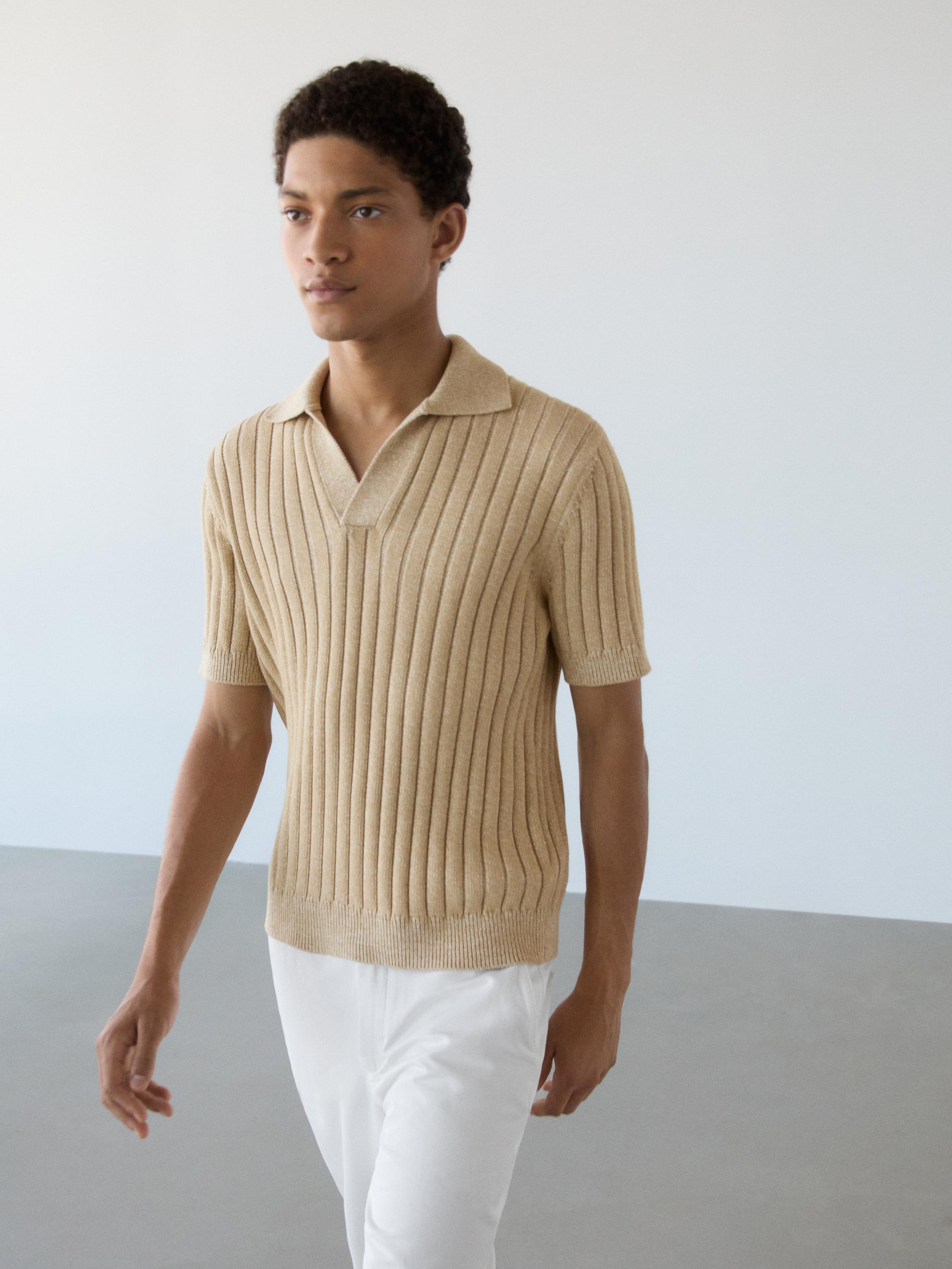 Short sleeve ribbed knit polo sweater Ecru Sweaters And Cardigans Massimo Dutti