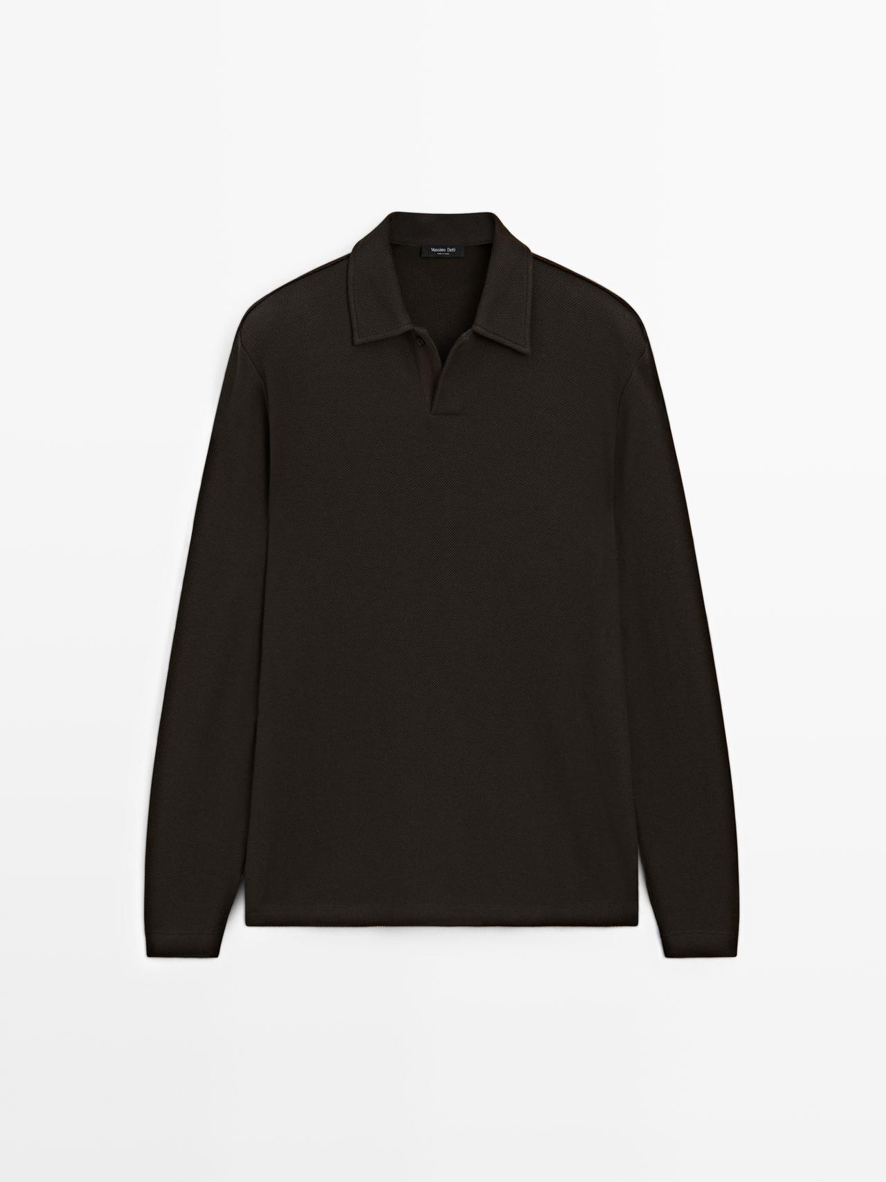 Massimo Dutti - Herre - Strukturvævet Poloshirt Med Lange Ærmer - Chokolade - S