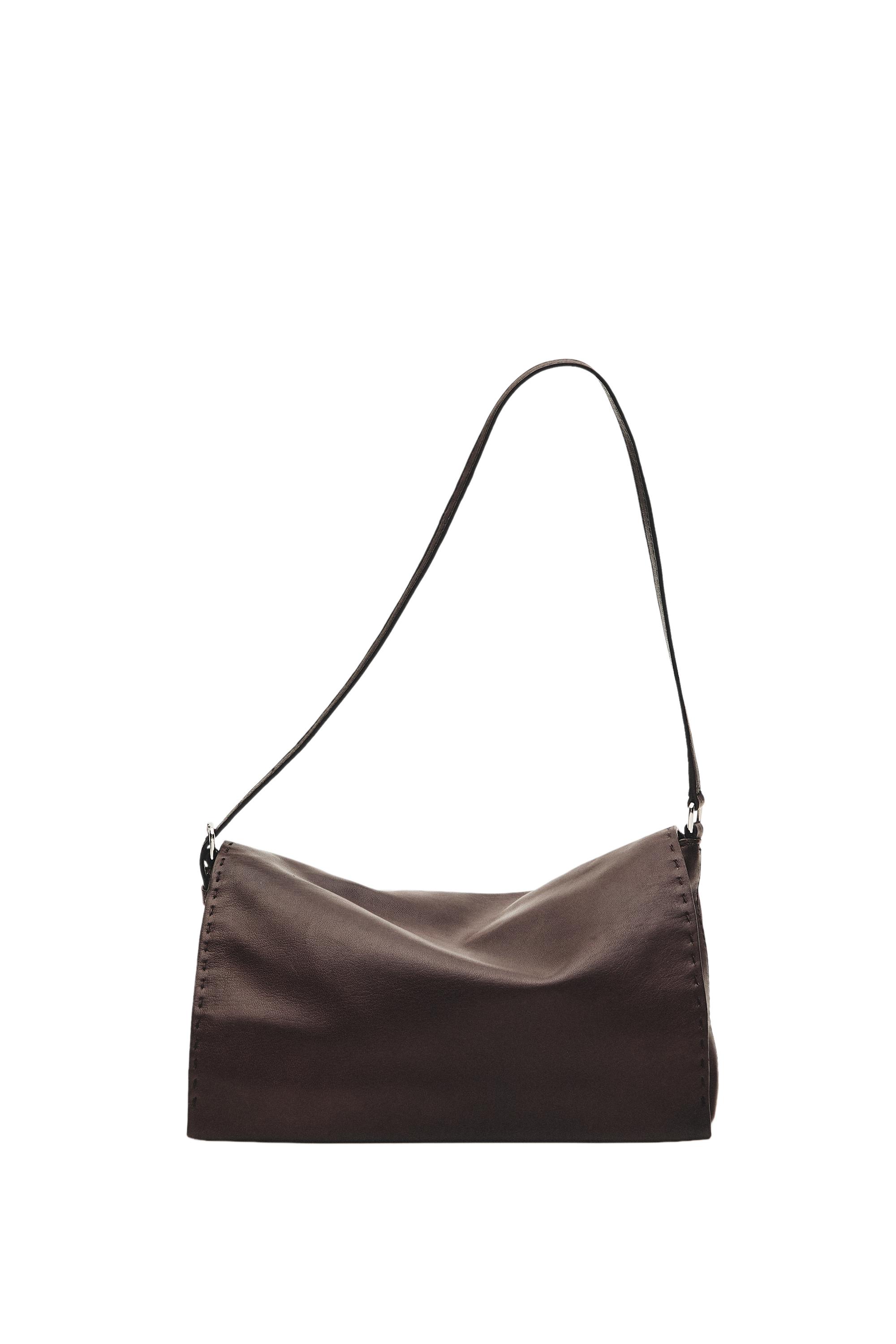 Nappa leather crossbody bag with topstitching — BROWN