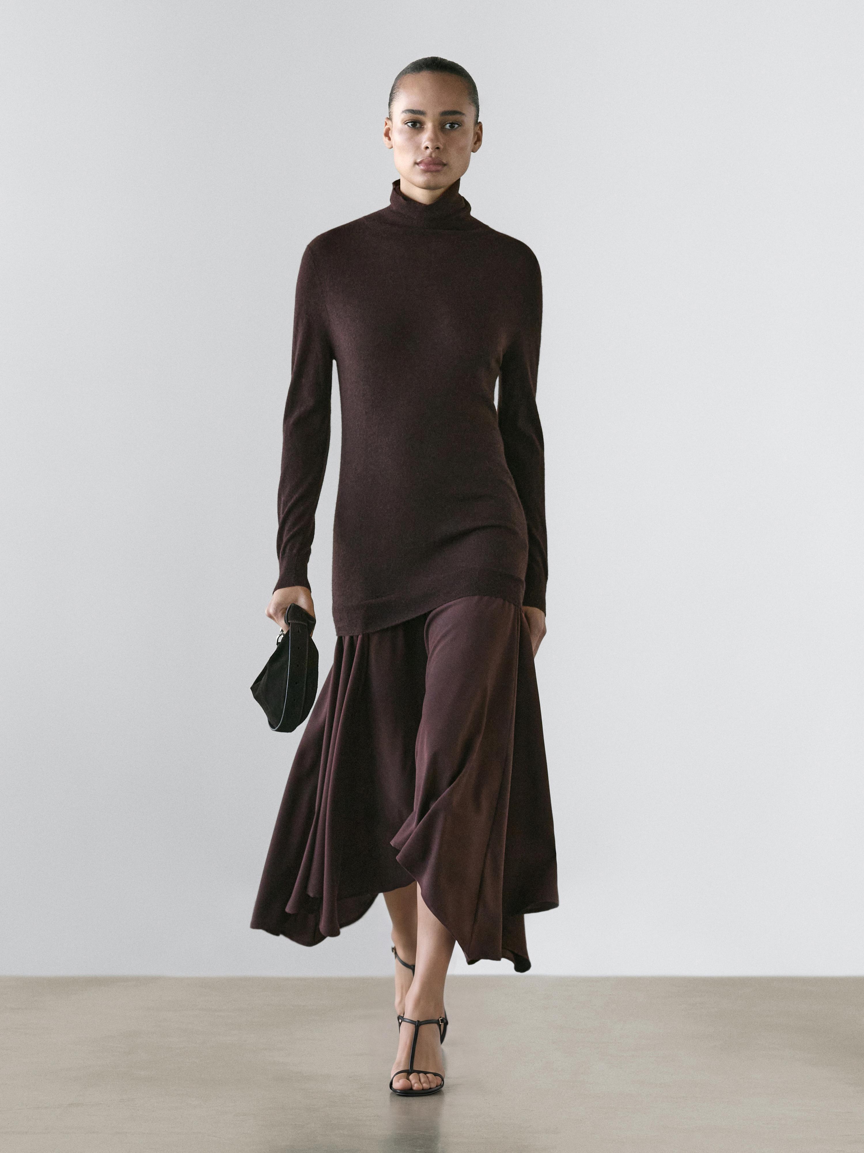 Wool blend knit dress with contrast detail — Chocolate