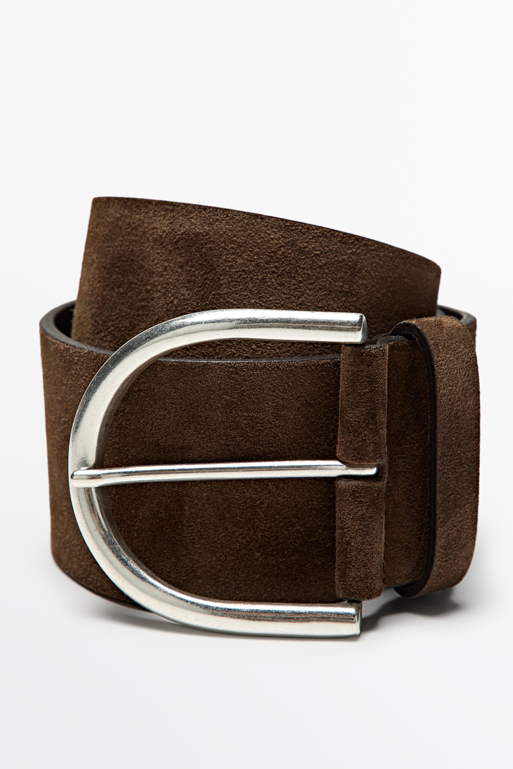 Split suede leather belt with metallic buckle — KHAKI