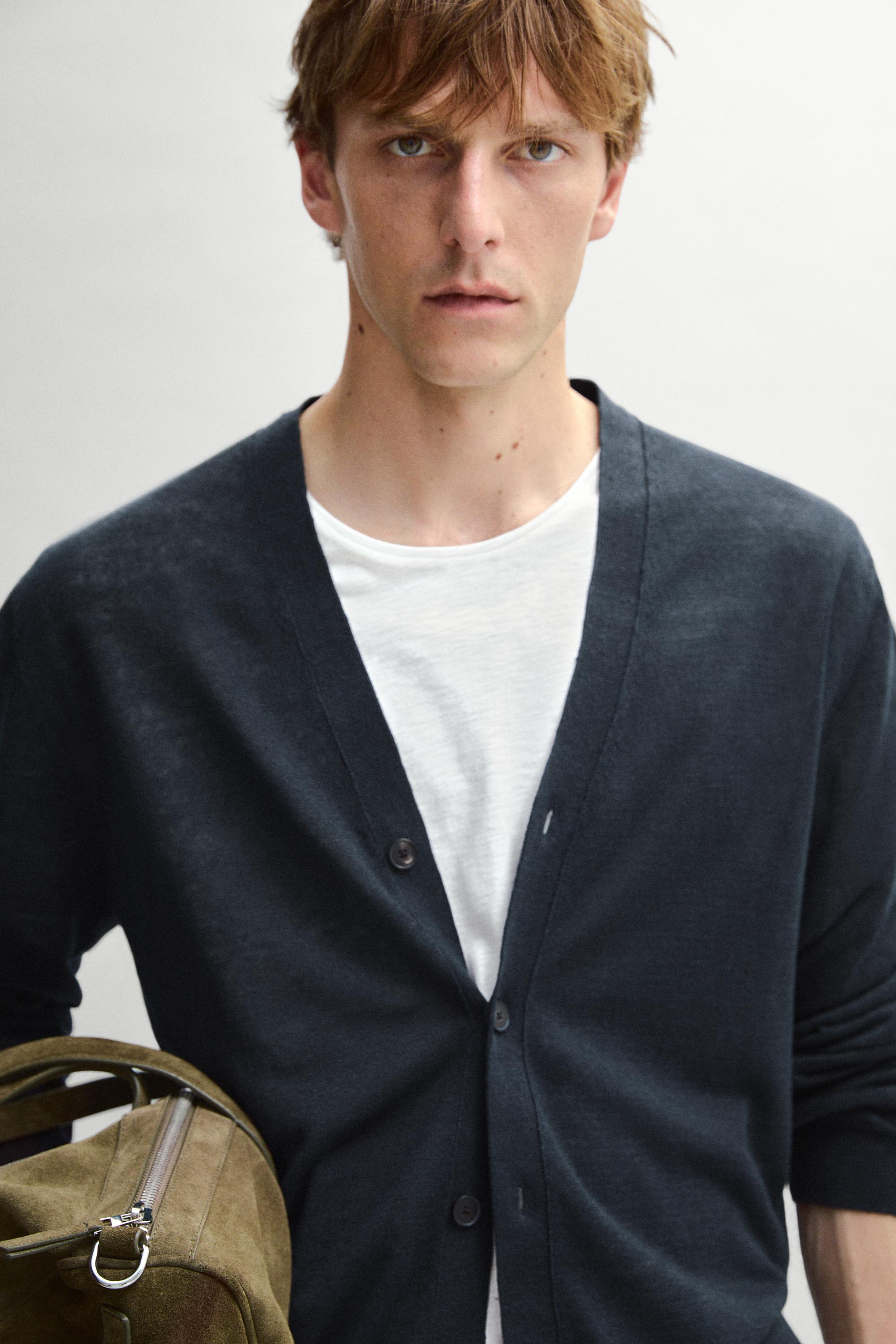 Linen knit cardigan with buttons — NAVY BLUE