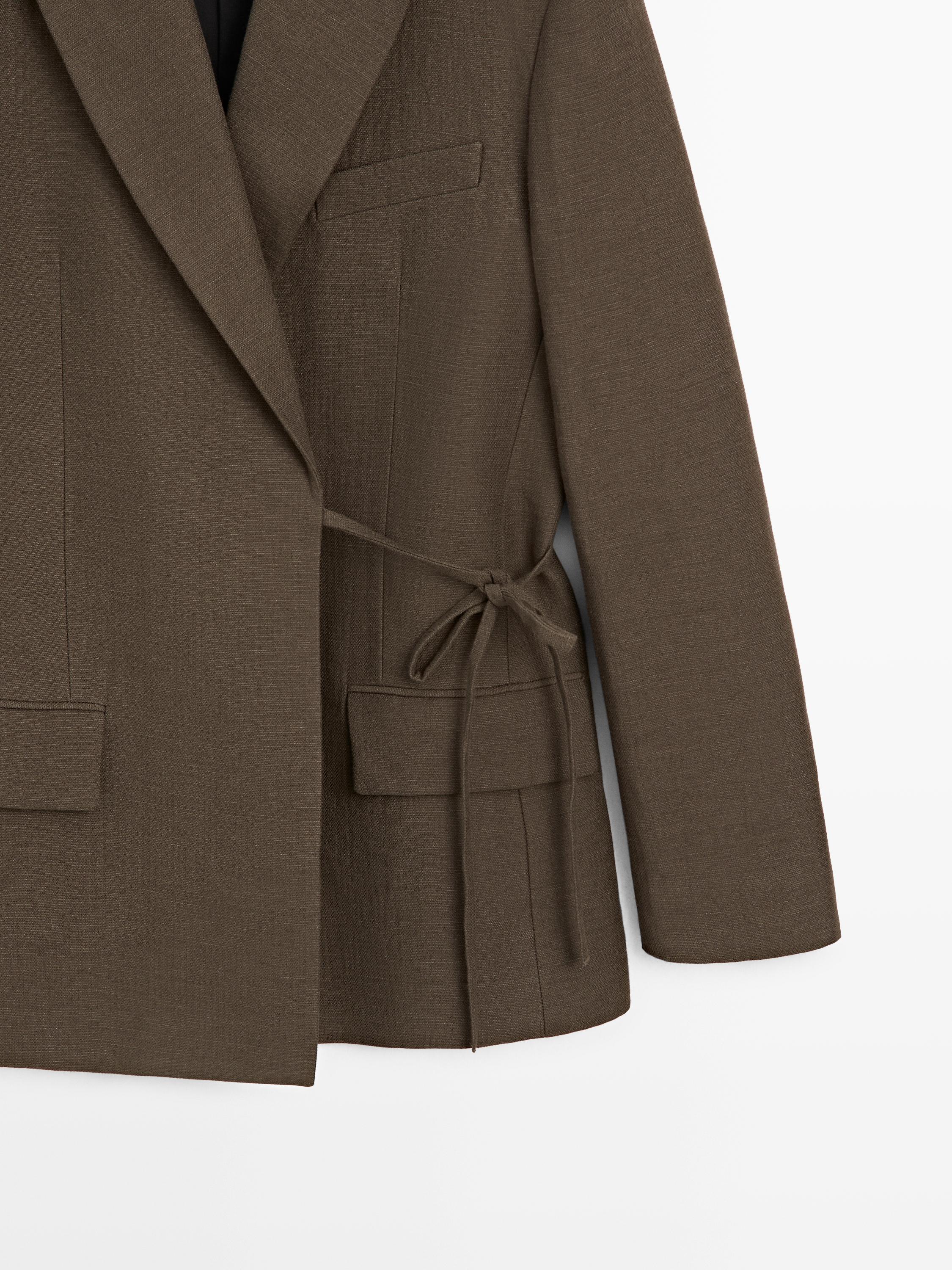 Double-breasted cotton blend blazer with tie detail — DARK GREEN