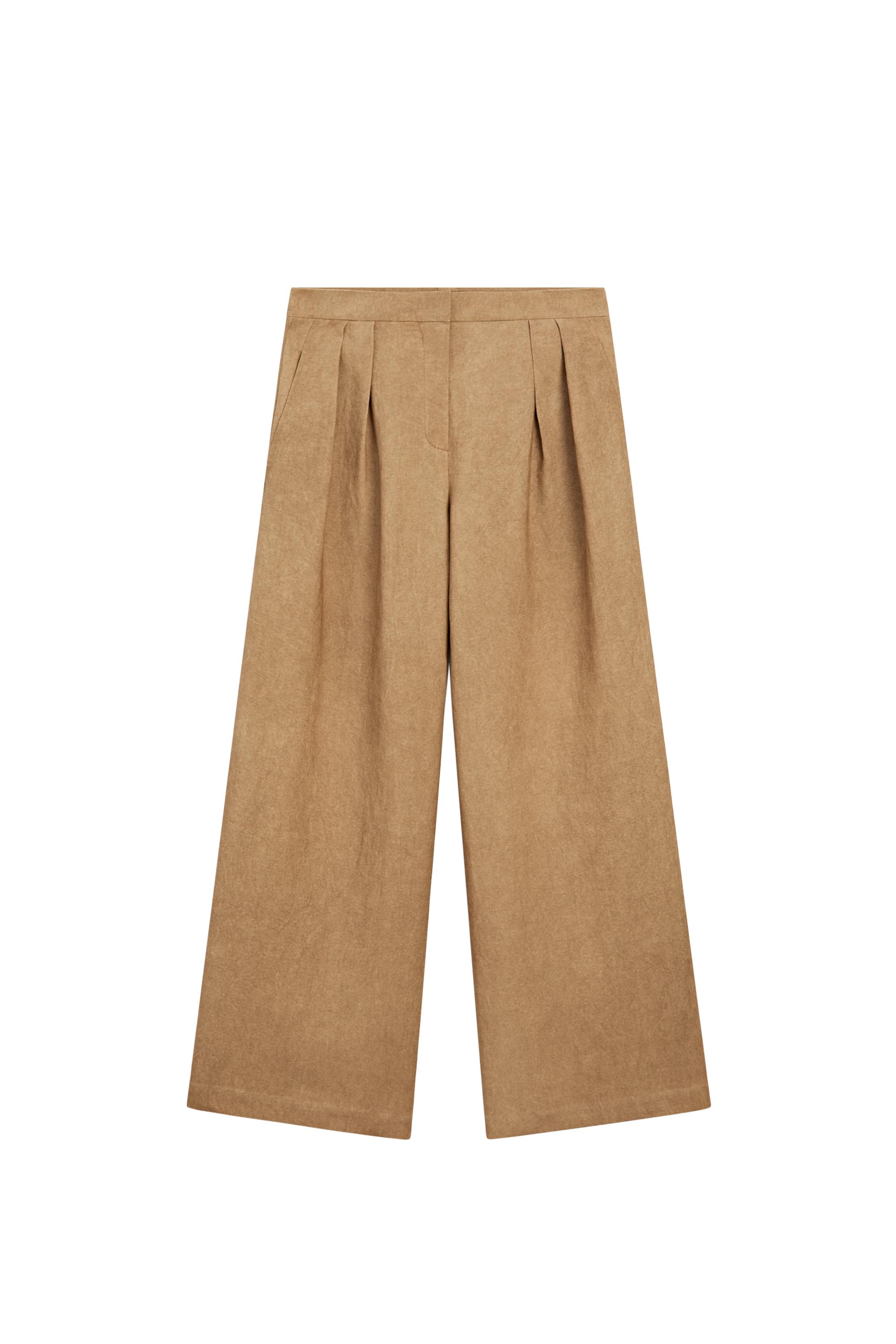 Wide-leg pleated linen blend trousers · Washed · Trousers