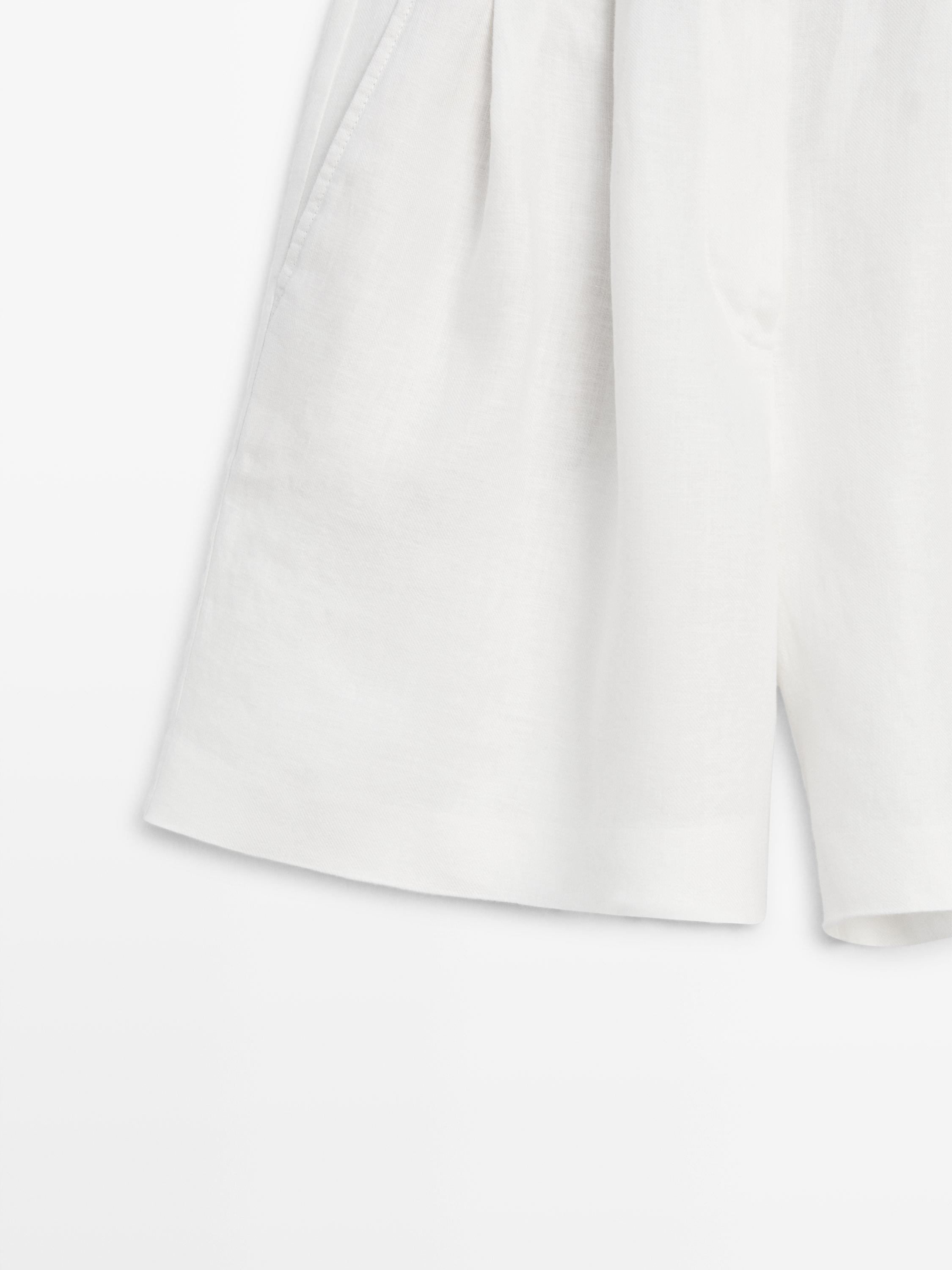 100% linen short pleated Bermuda shorts — WHITE