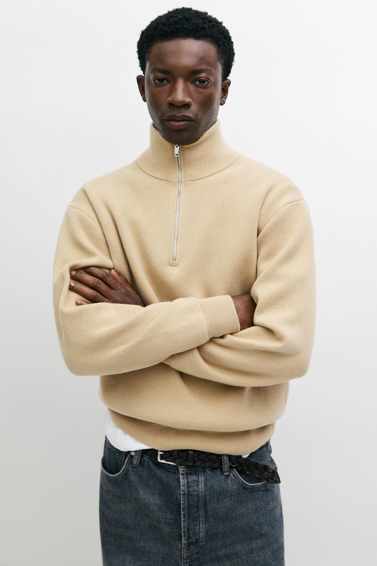 Wool mock neck knit sweater — CAMEL