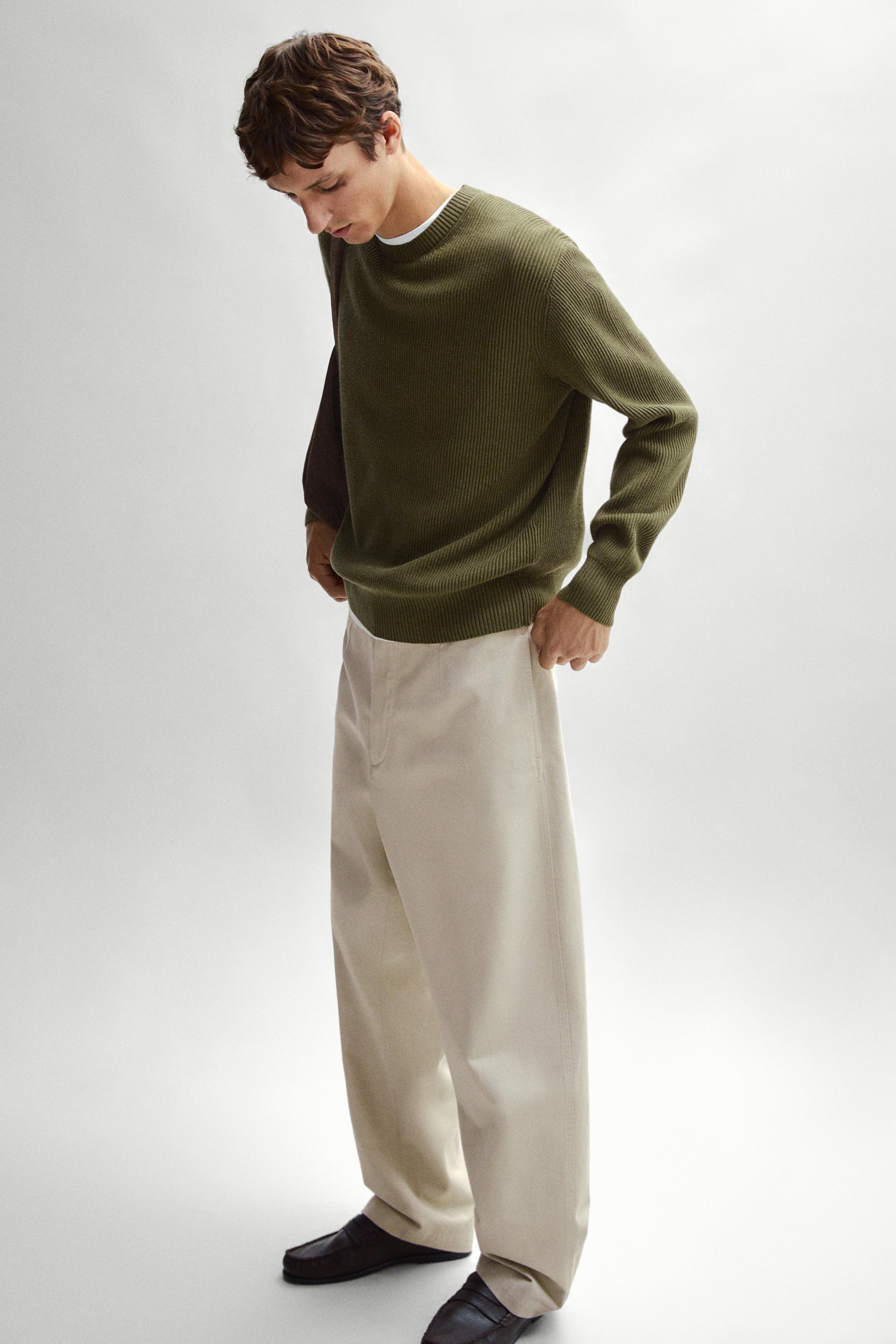 Cotton blend ribbed knit sweater — KHAKI