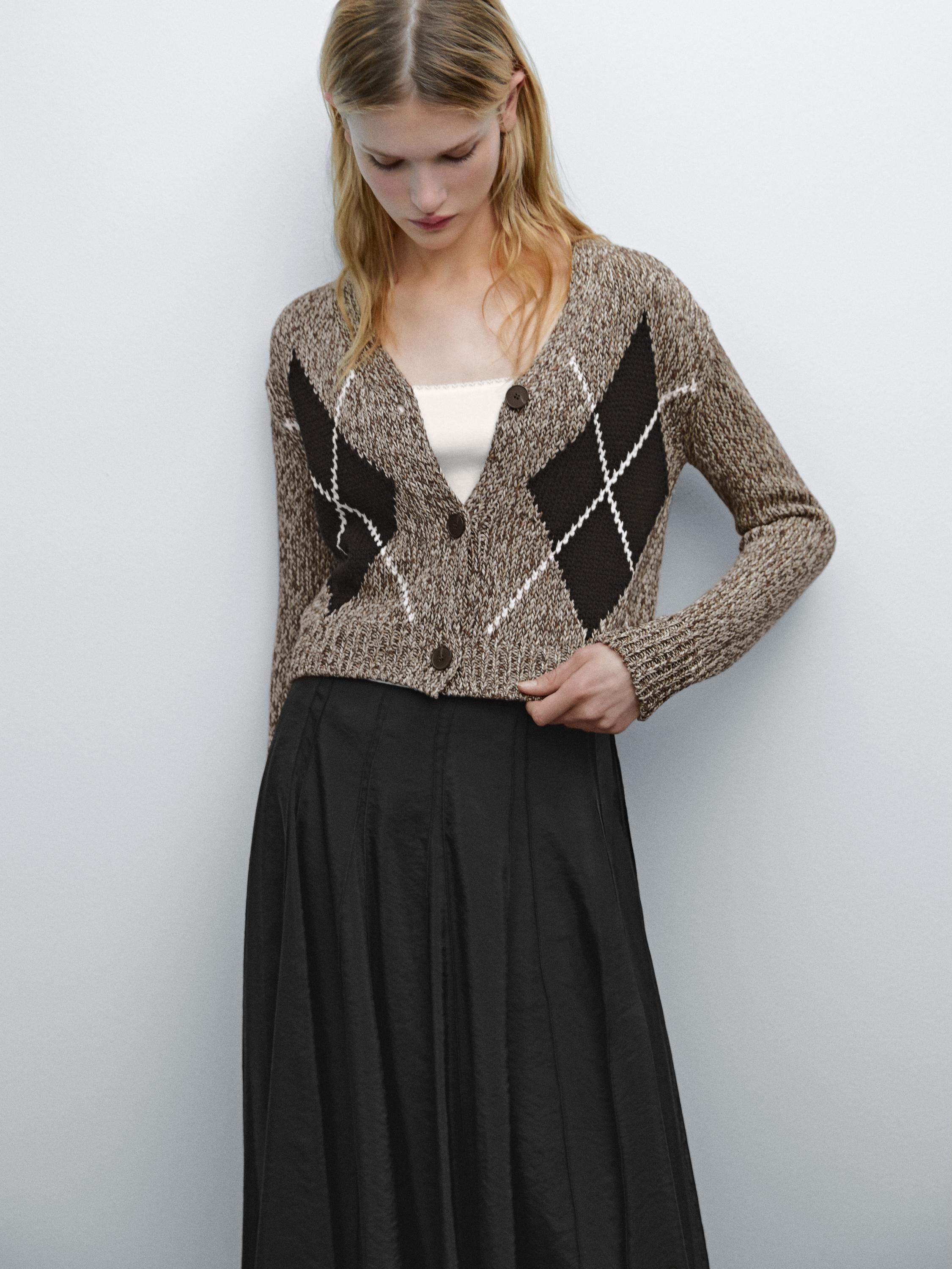 Cardigan corto a rombi in maglia di cotone