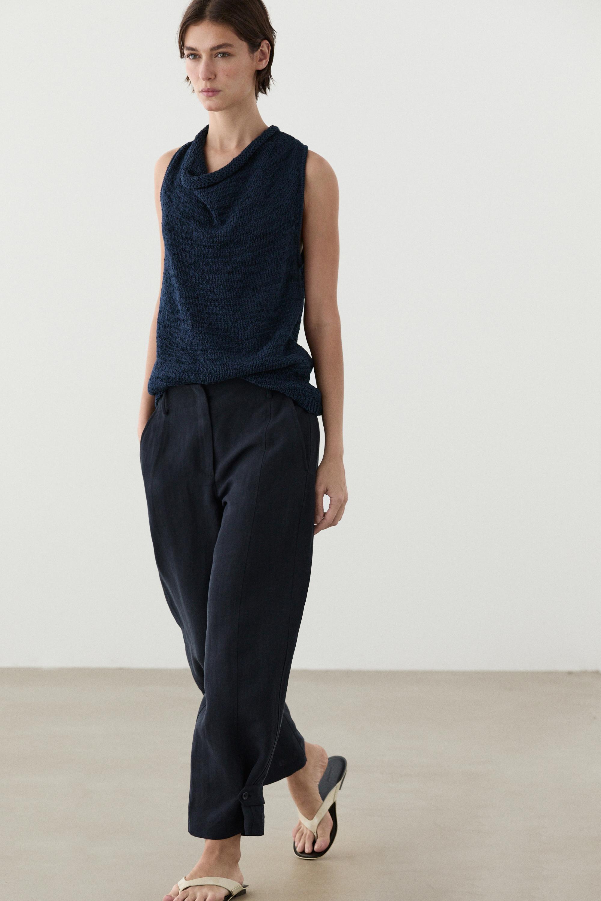 Flowing linen blend pants with buttoned tab detail — NAVY BLUE