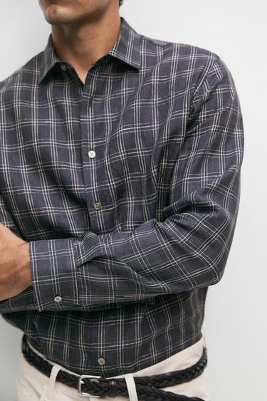 100% linen relaxed fit check shirt — BLUE 7