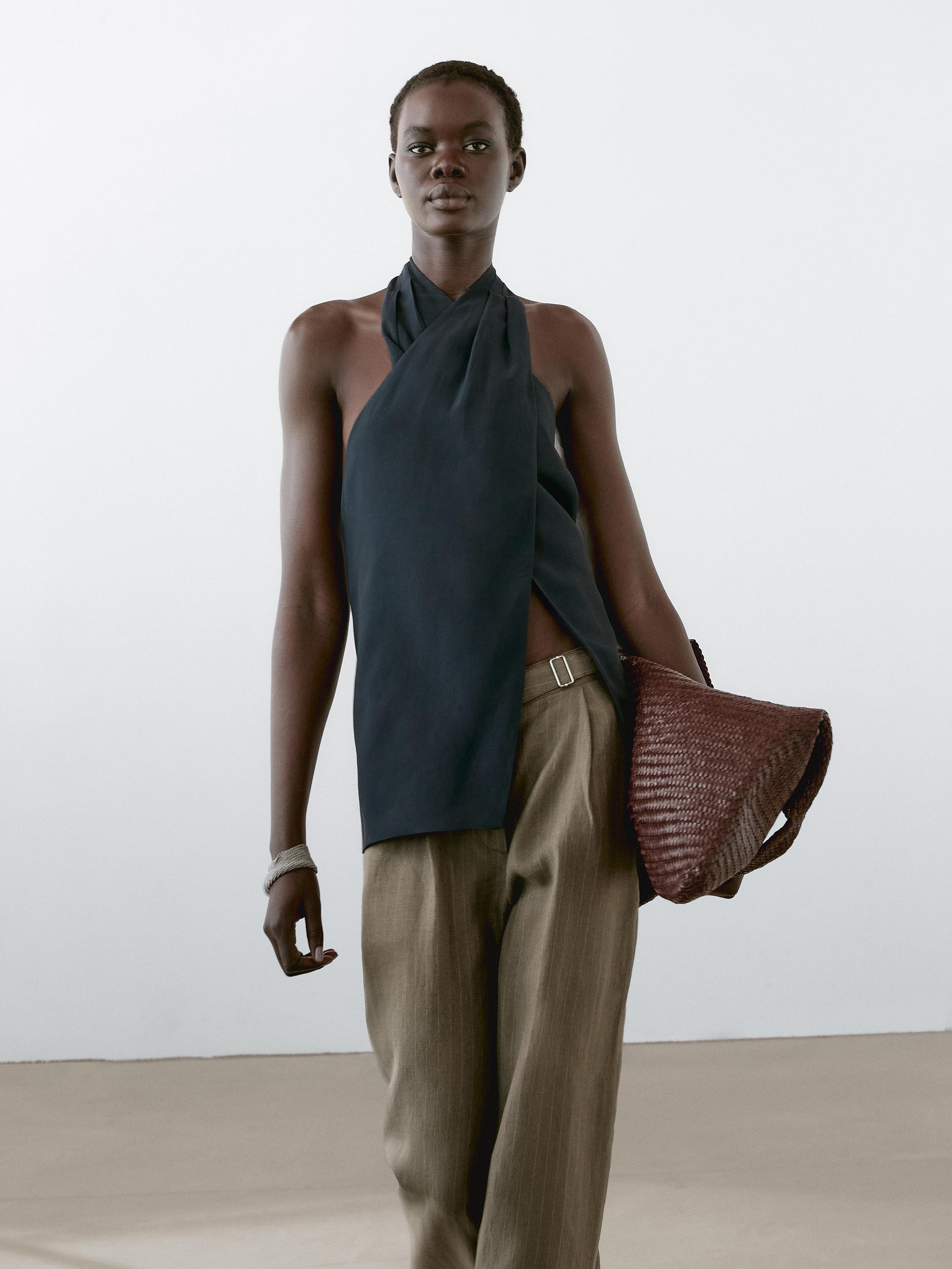 100% linen striped trousers with buckle detail