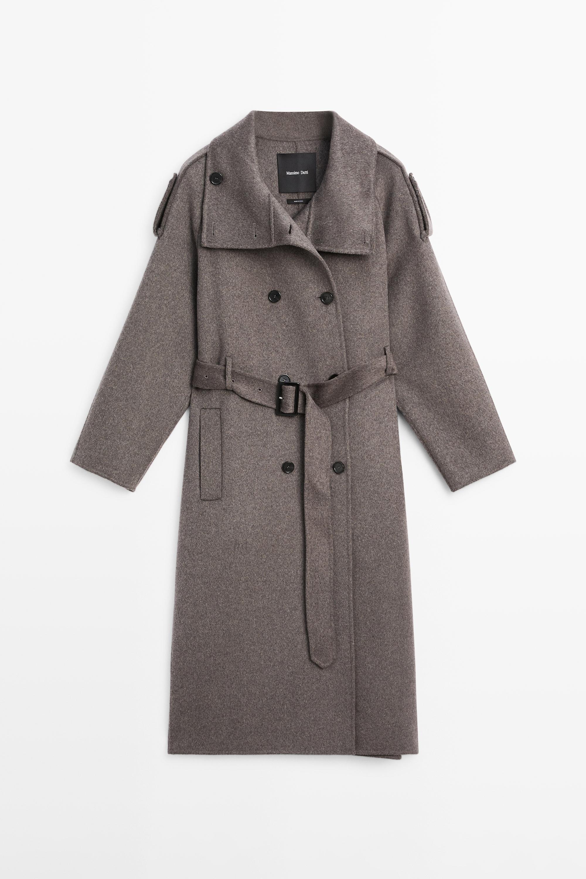 Long wool blend trench coat with belt