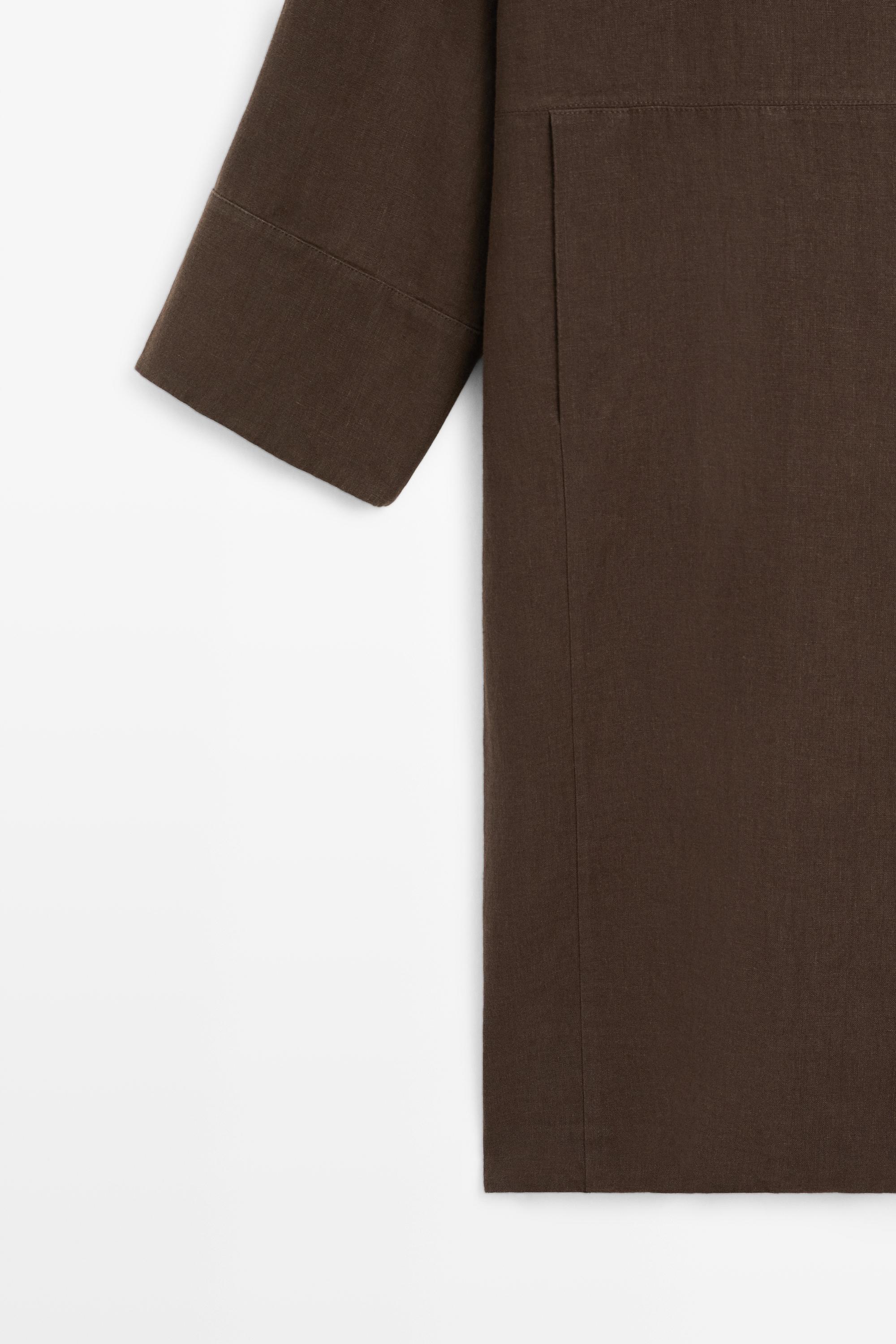 100% linen double-breasted coat with no collar — BROWN