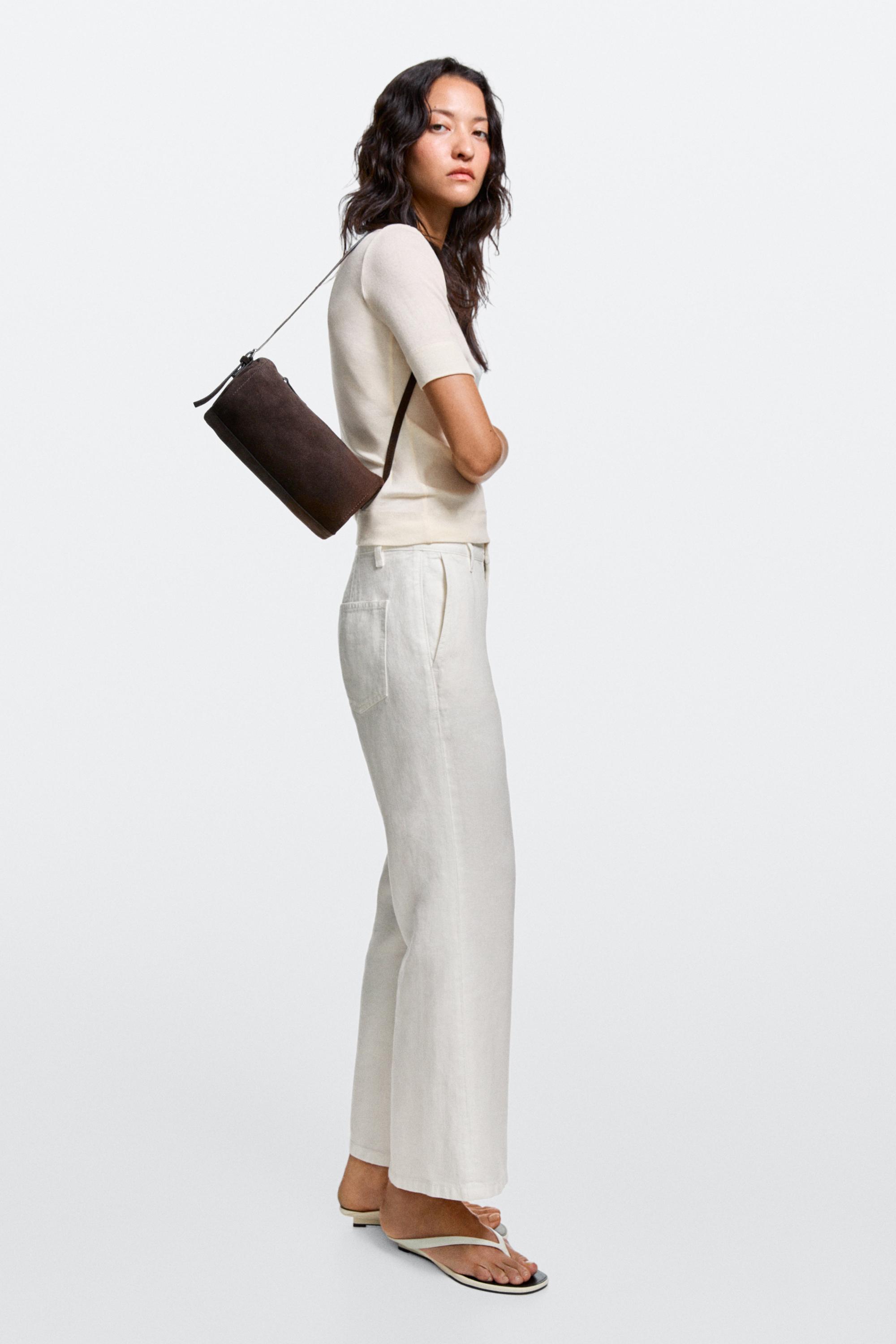 100% linen cropped flare fit pants — Off white