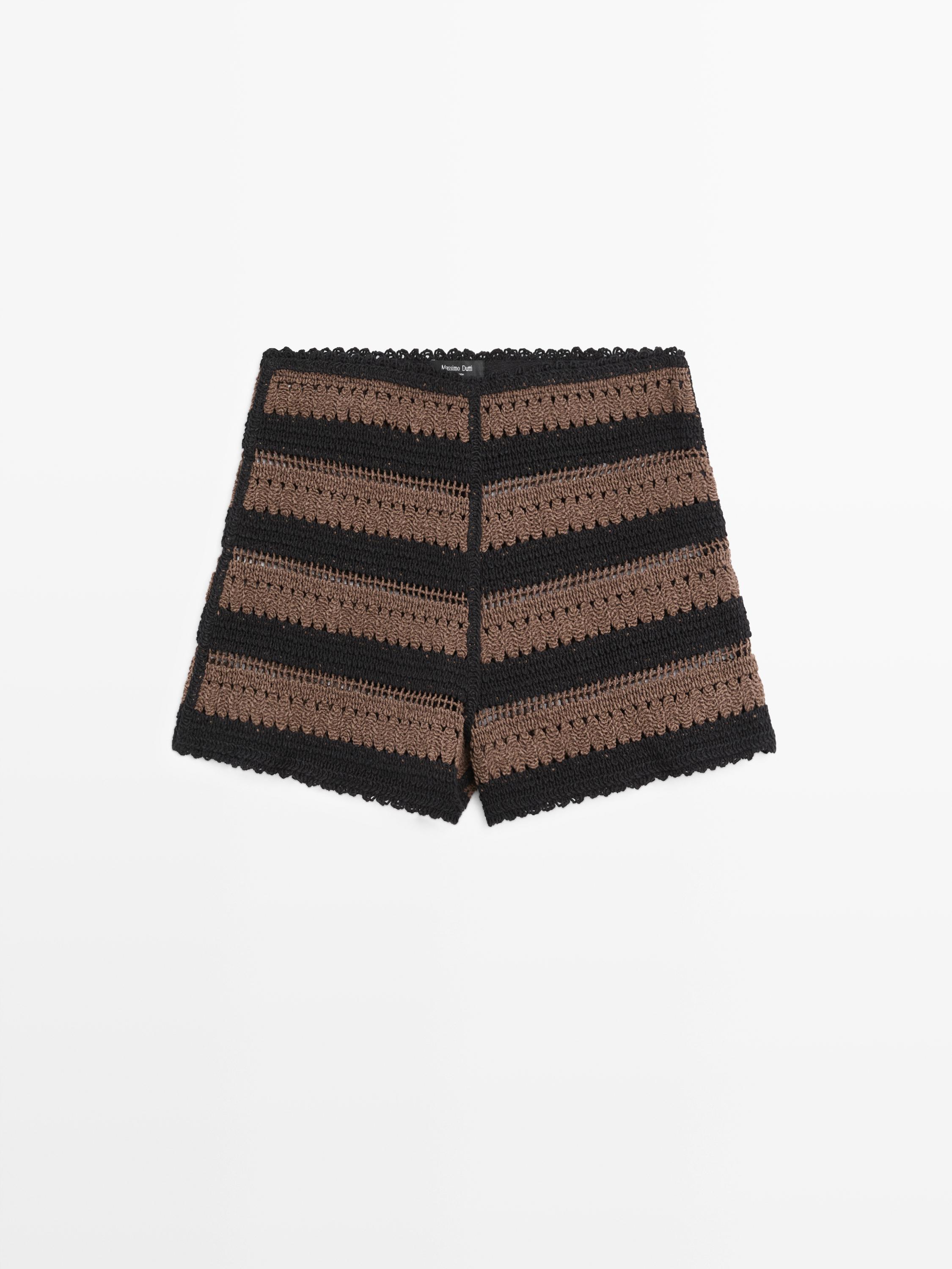 Striped cotton crochet shorts — BROWN