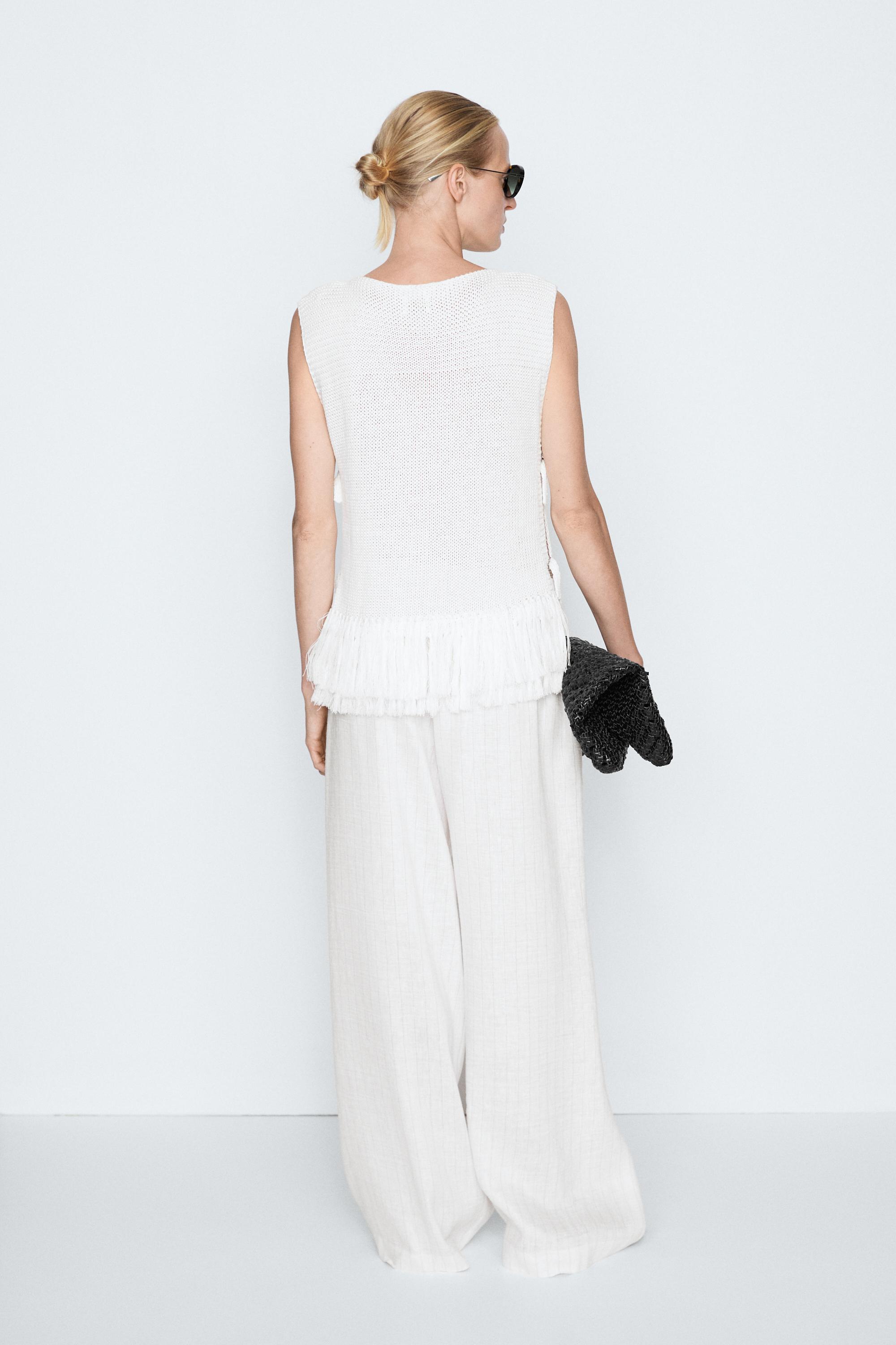 Fringe detail knit top - STUDIO — WHITE
