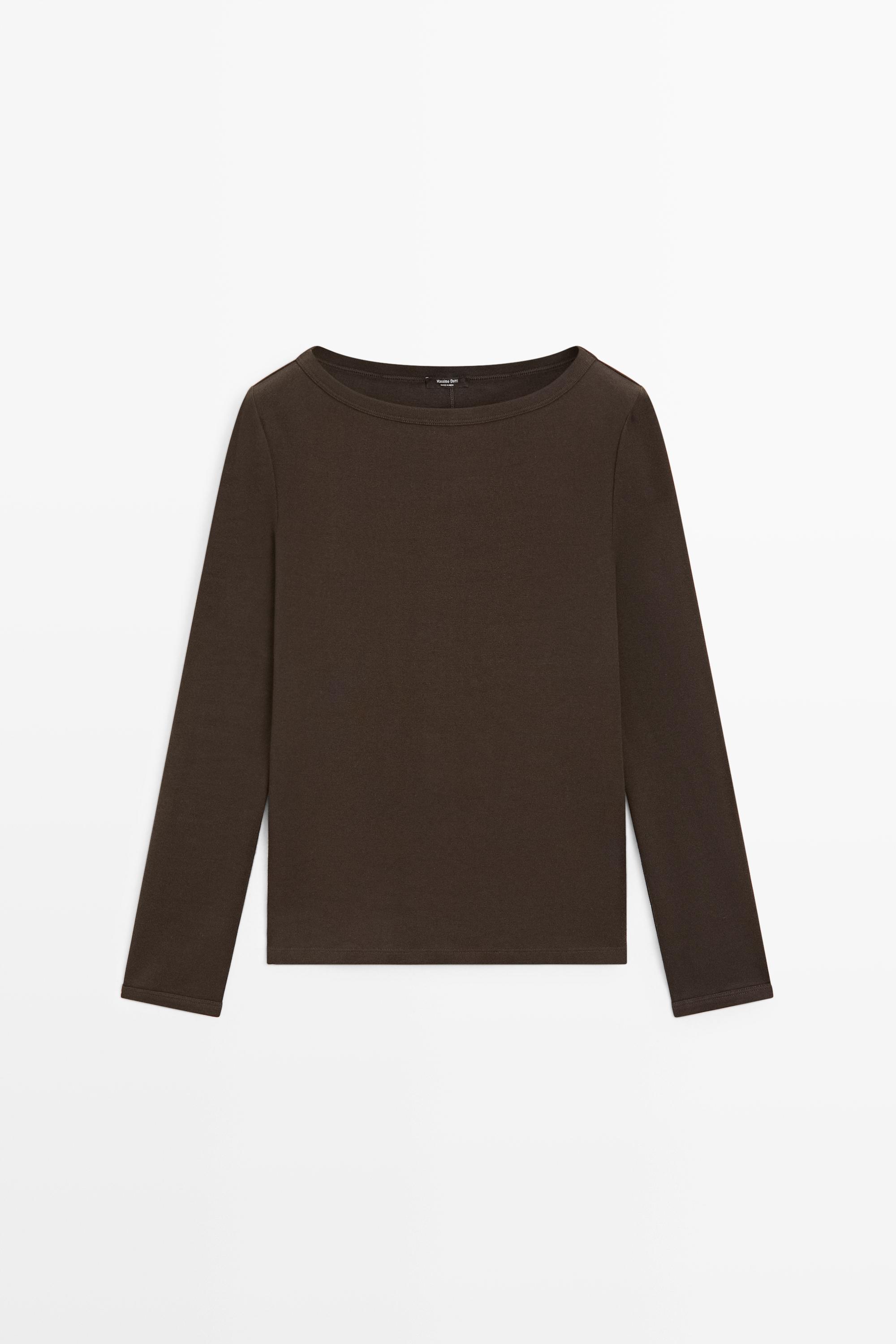 Long Sleeve Boat Neck T-shirt — BROWN