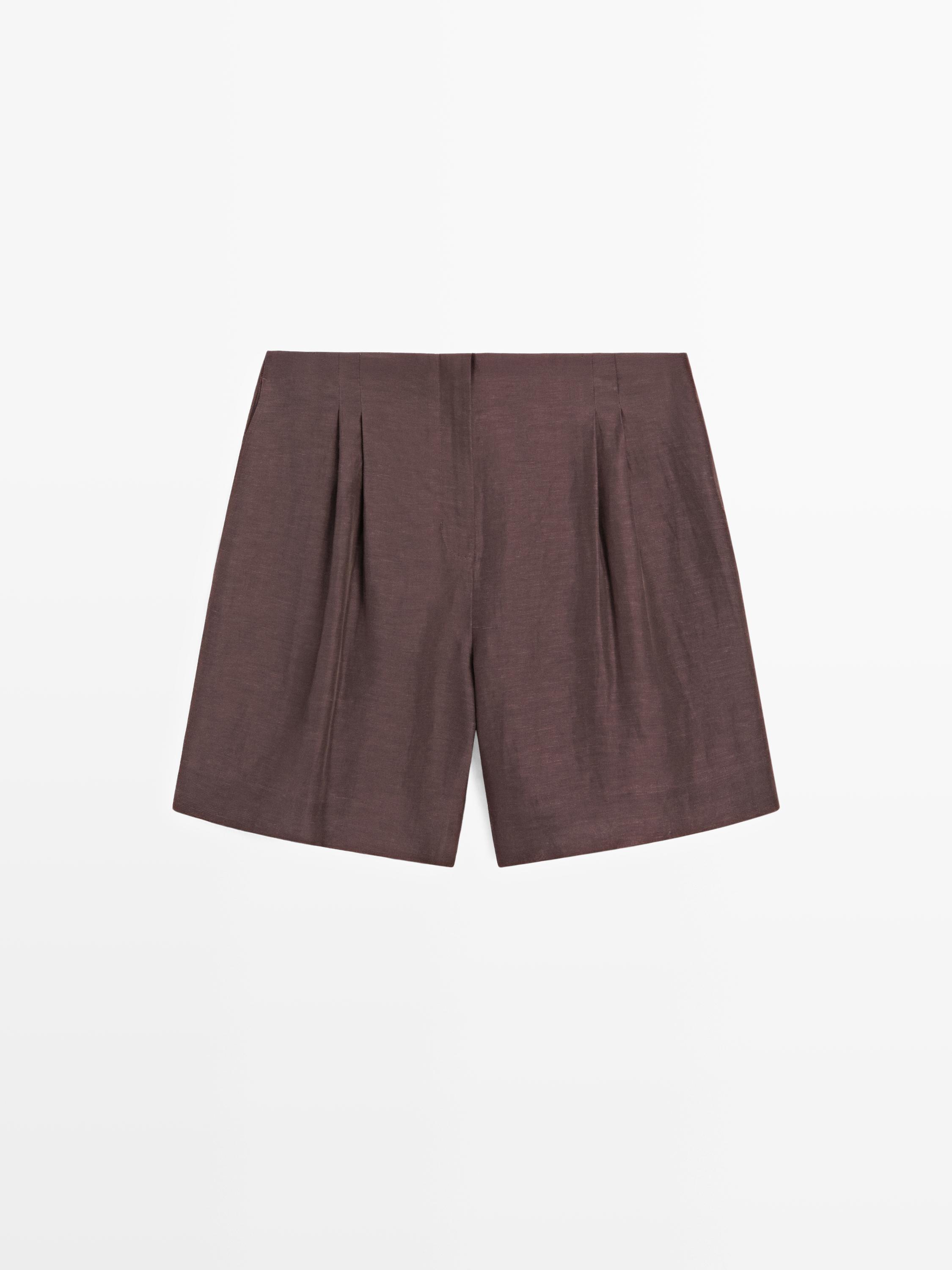 Short pleated linen blend Bermuda shorts
