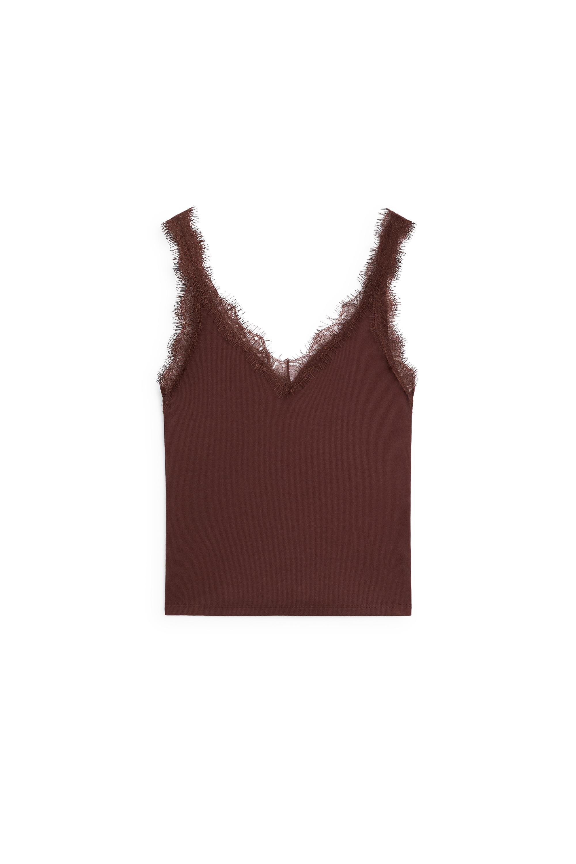 Strappy lace-trim top — BROWN